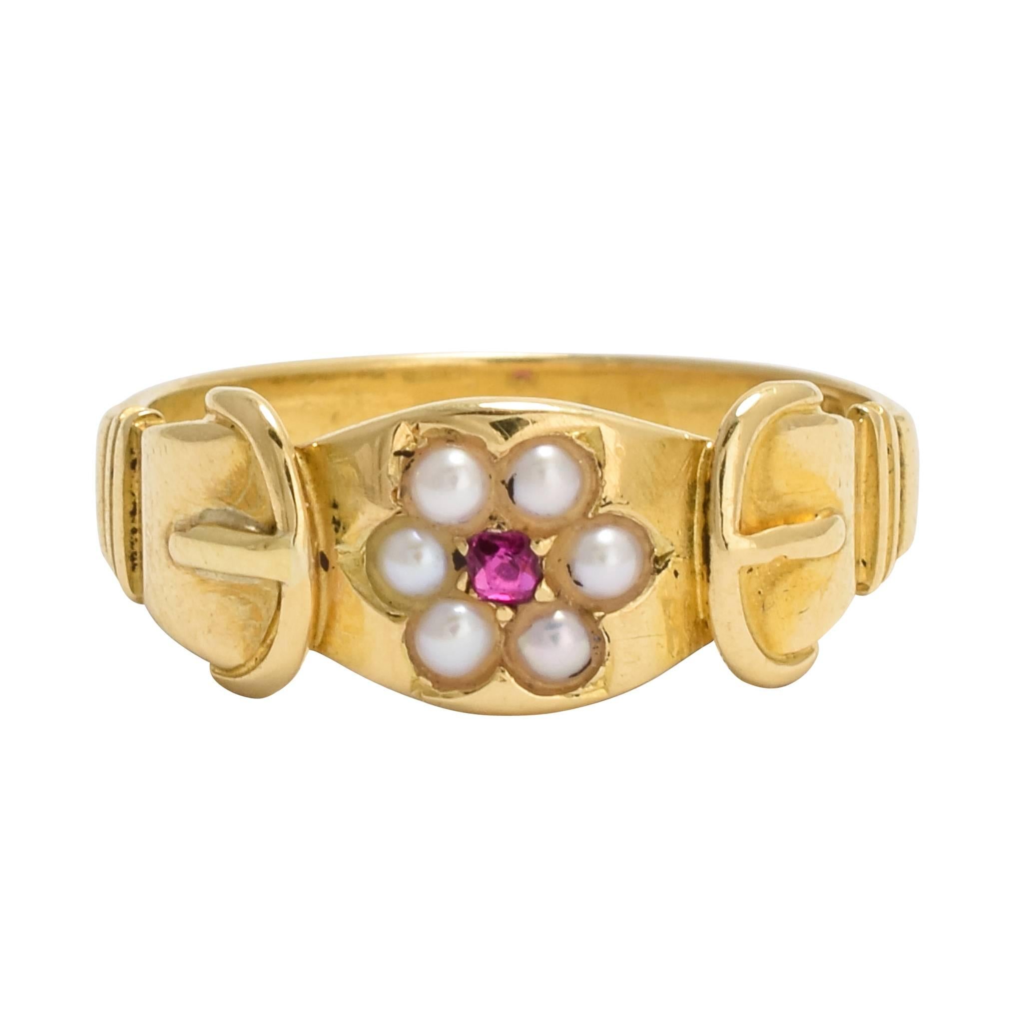 Antique Victorian Ruby Pearl Buckle Ring