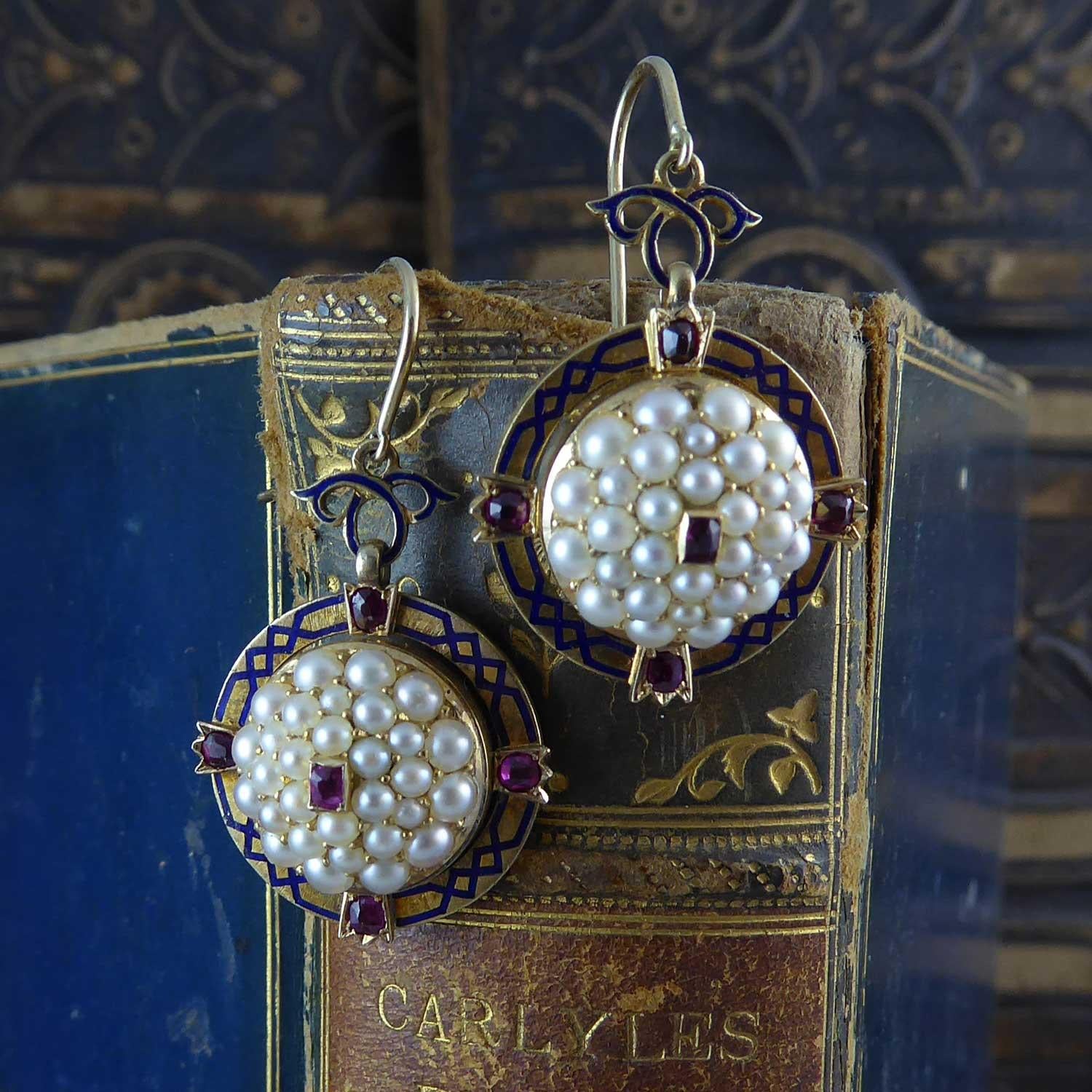 Antique Victorian Ruby Pearl Drop Earrings, circa 1880s, 15 Carat Gold 1