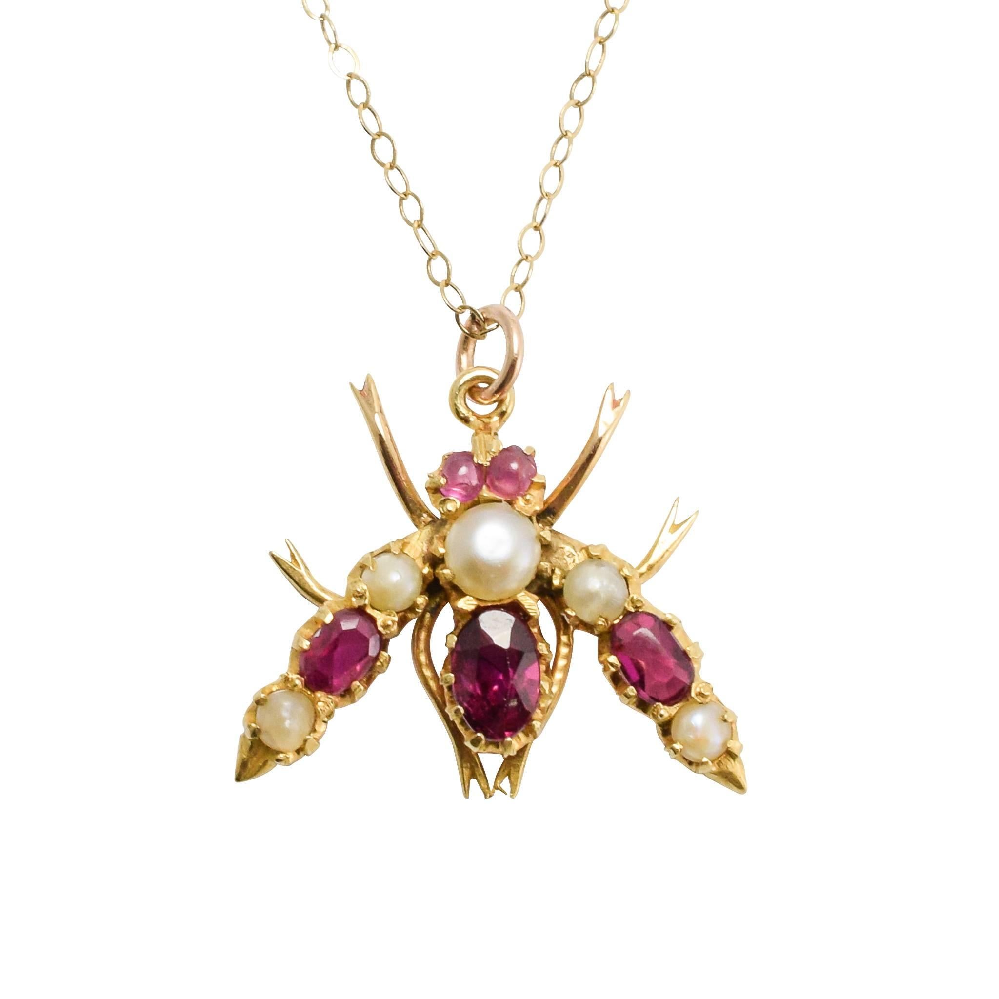 Antique Victorian Ruby Pearl Fly Pendant Necklace