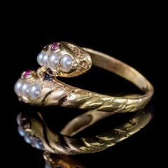 Antique Victorian Ruby Pearl Snake Ring 18 Carat Gold, circa 1880
