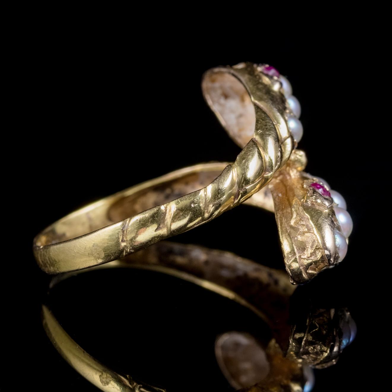 Women's Antique Victorian Ruby Pearl Snake Ring 18 Carat Gold, circa 1880 For Sale