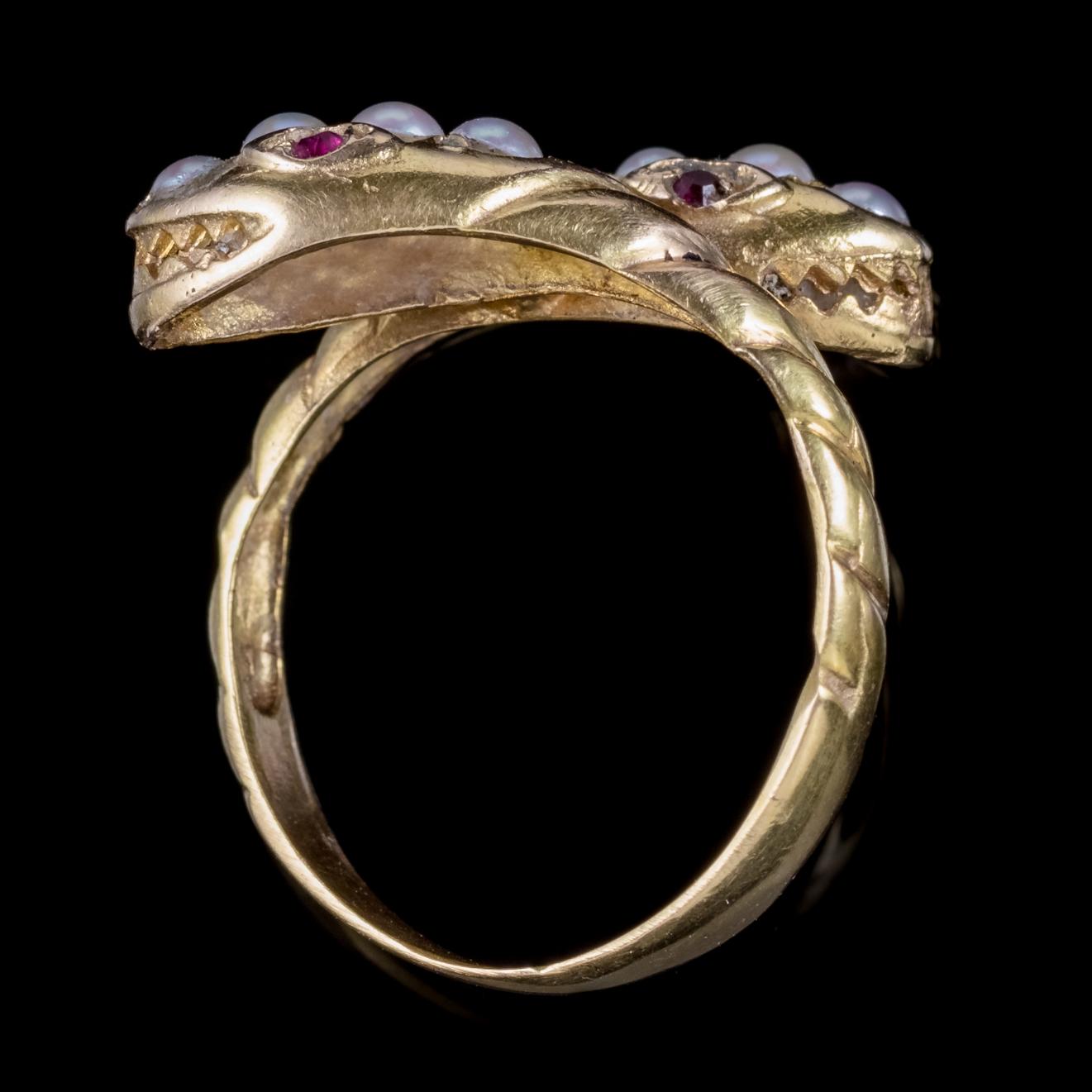 Antique Victorian Ruby Pearl Snake Ring 18 Carat Gold, circa 1880 For Sale 1