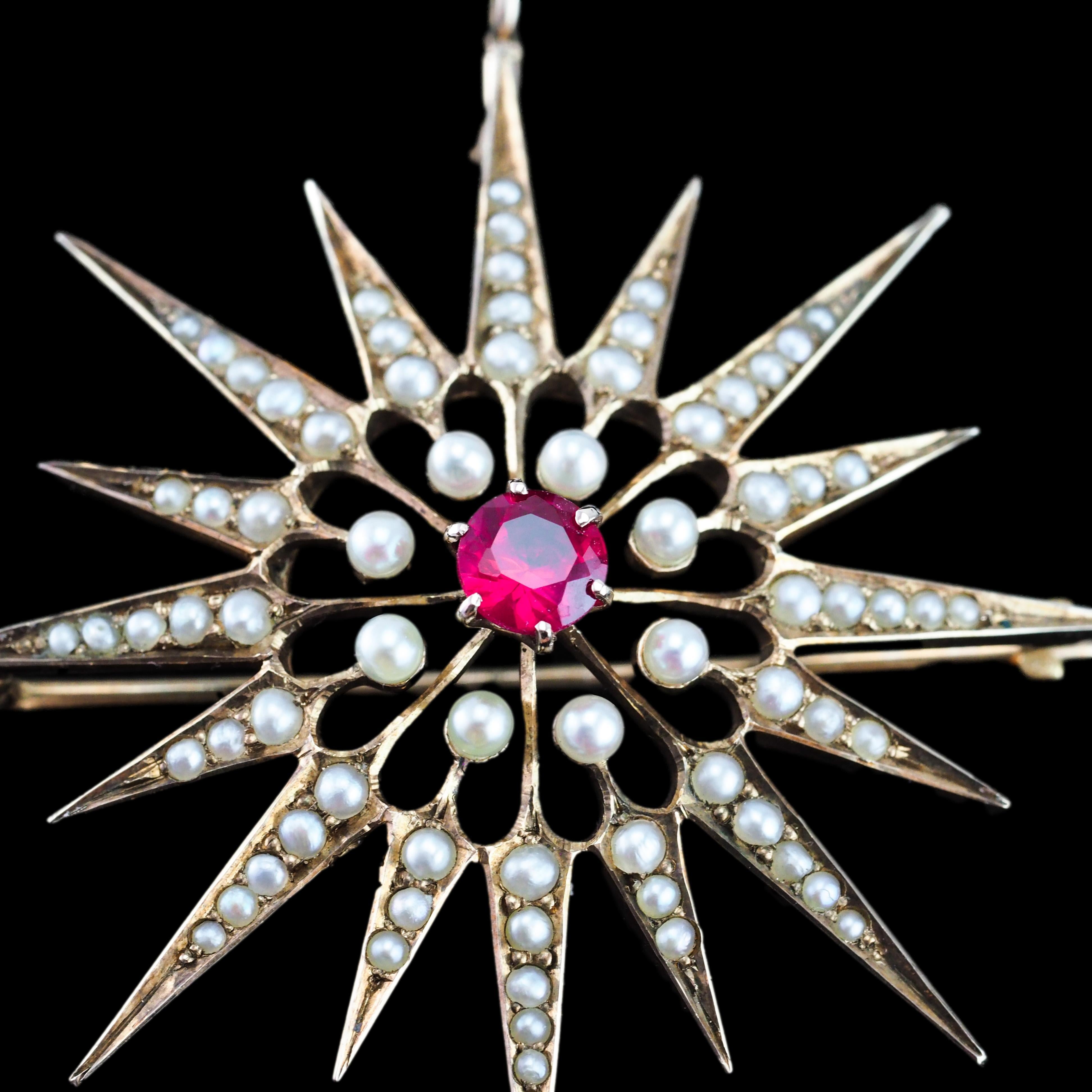 Antique Victorian Ruby & Pearl Star Pendant Necklace Brooch 14K Gold - c.1890 For Sale 7