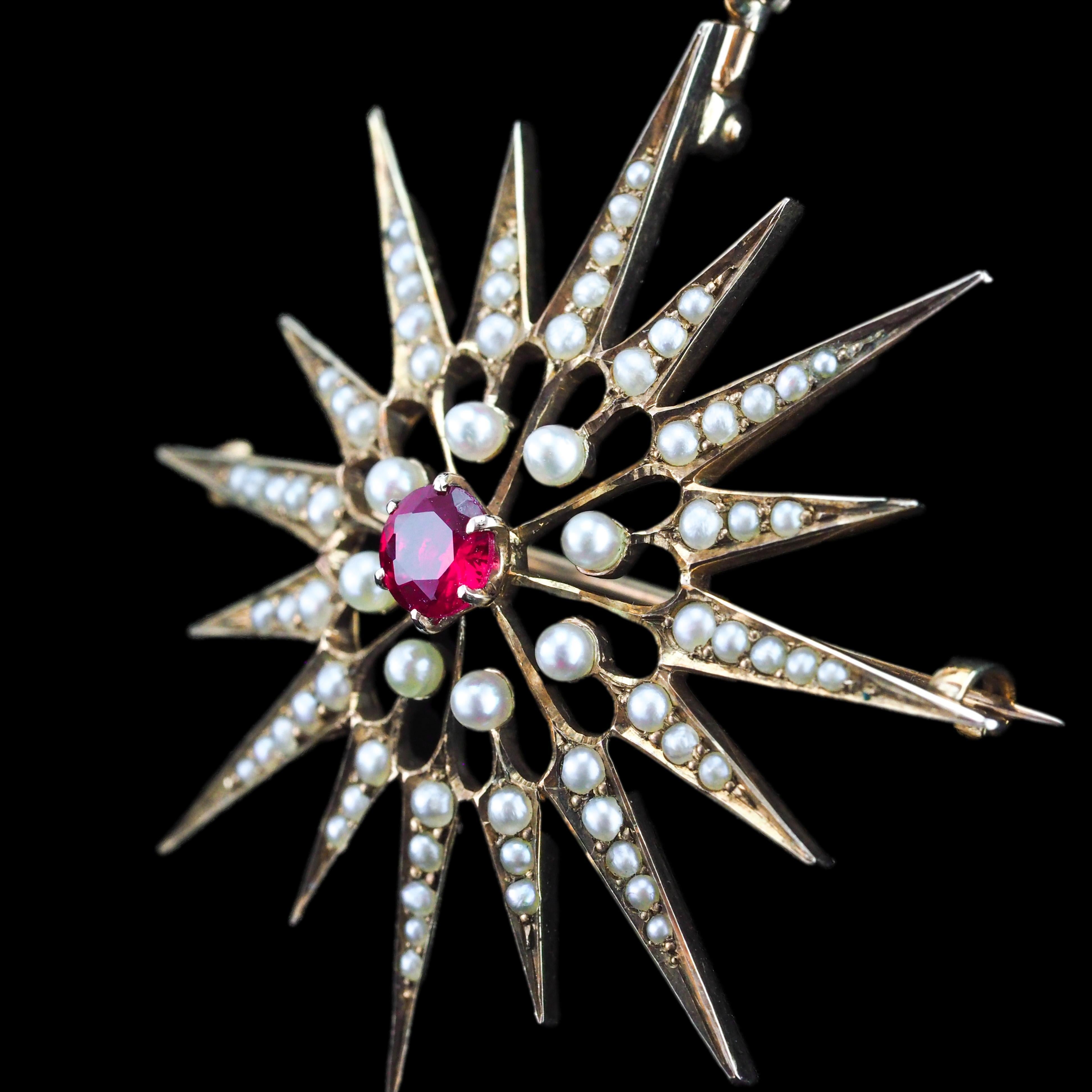 Antique Victorian Ruby & Pearl Star Pendant Necklace Brooch 14K Gold - c.1890 For Sale 8