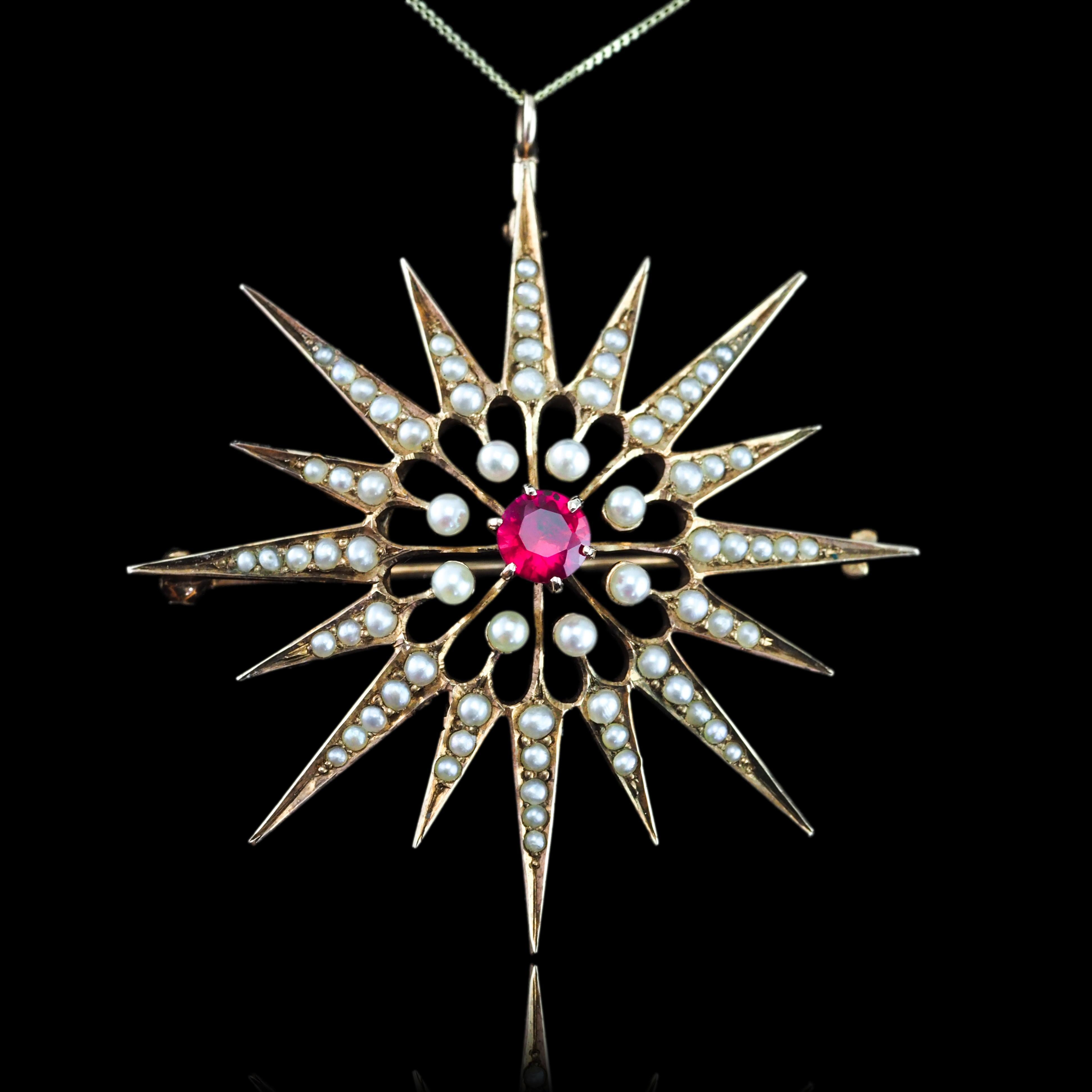 Antique Victorian Ruby & Pearl Star Pendant Necklace Brooch 14K Gold - c.1890 For Sale 10