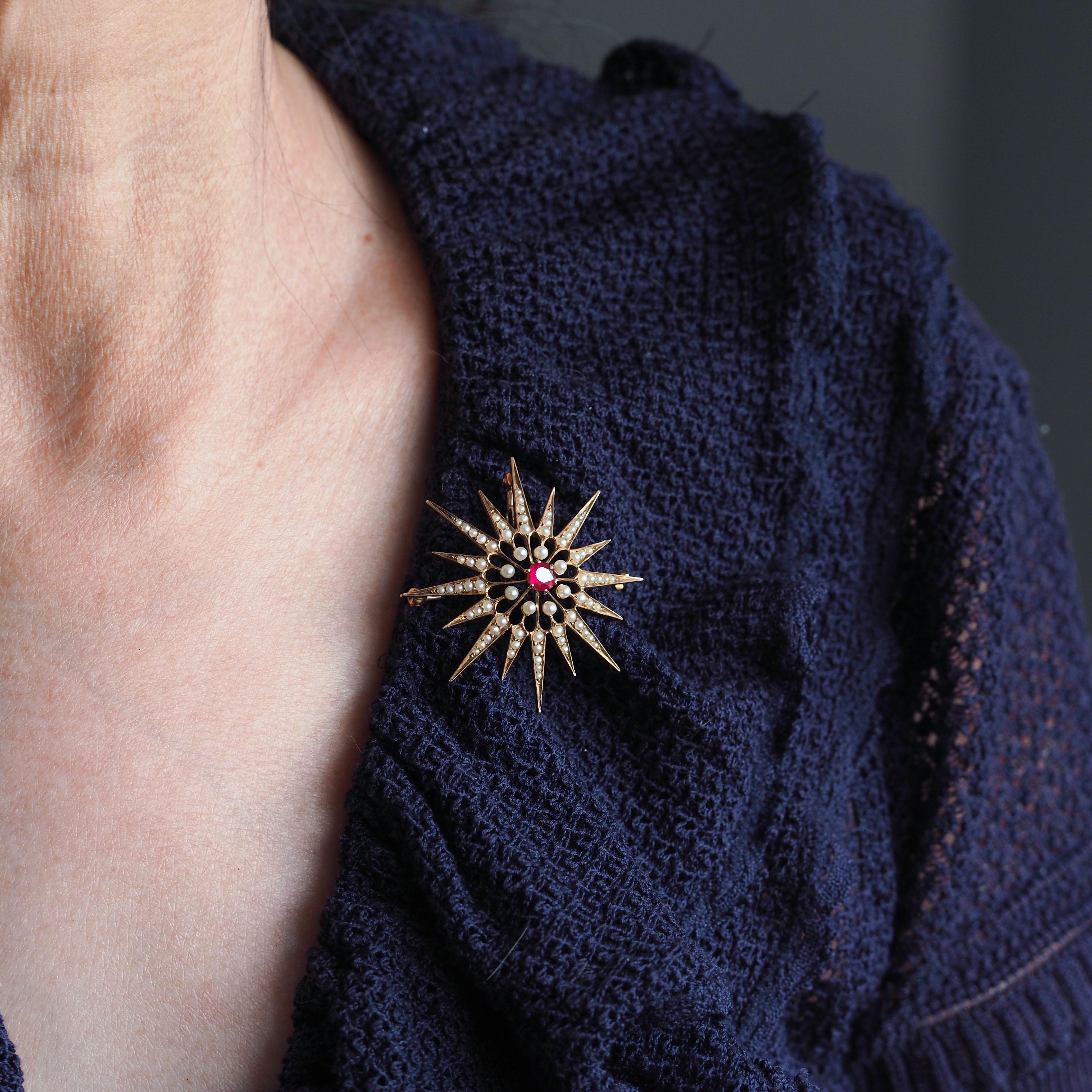 Antique Victorian Ruby & Pearl Star Pendant Necklace Brooch 14K Gold - c.1890 For Sale 11