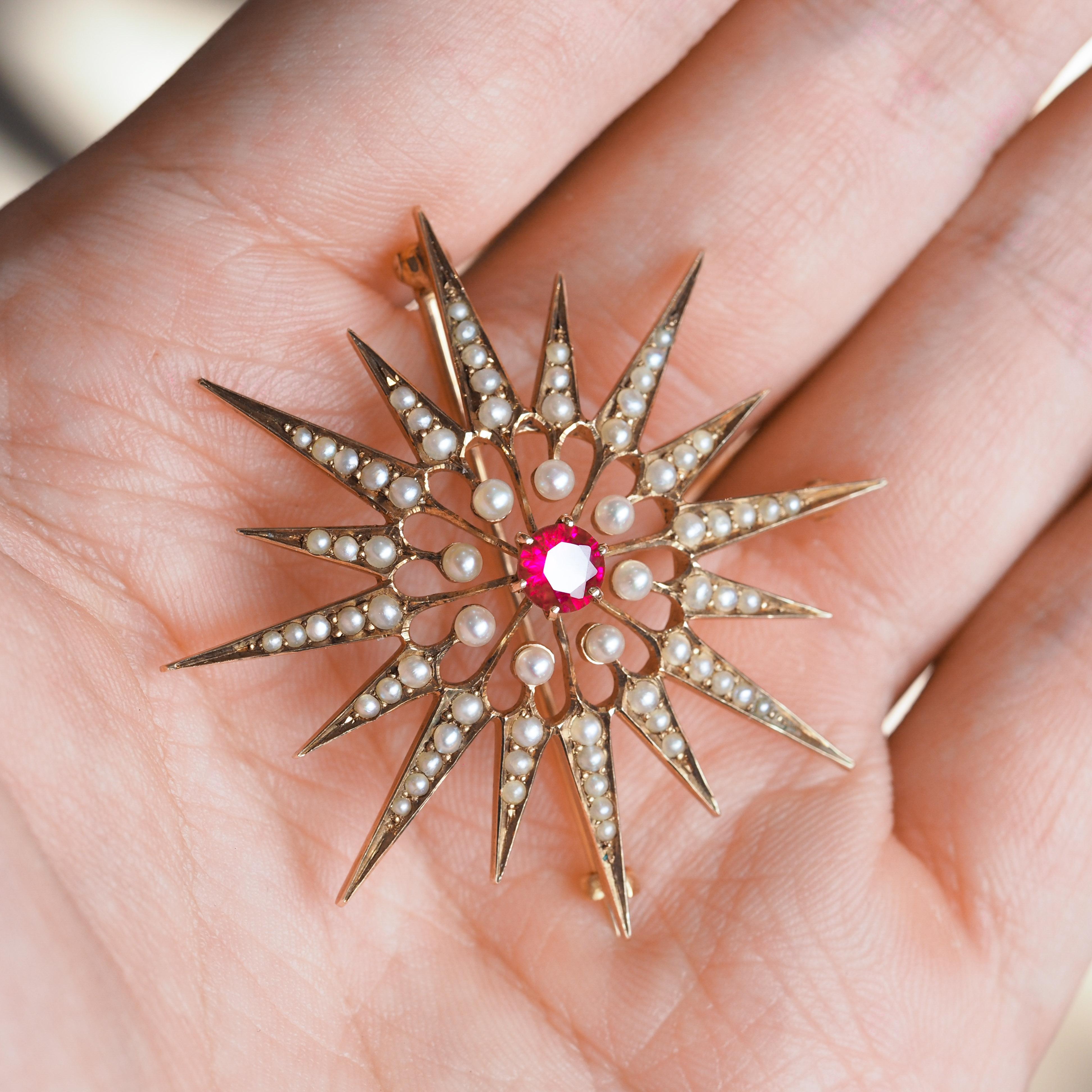 Antique Victorian Ruby & Pearl Star Pendant Necklace Brooch 14K Gold - c.1890 For Sale 12