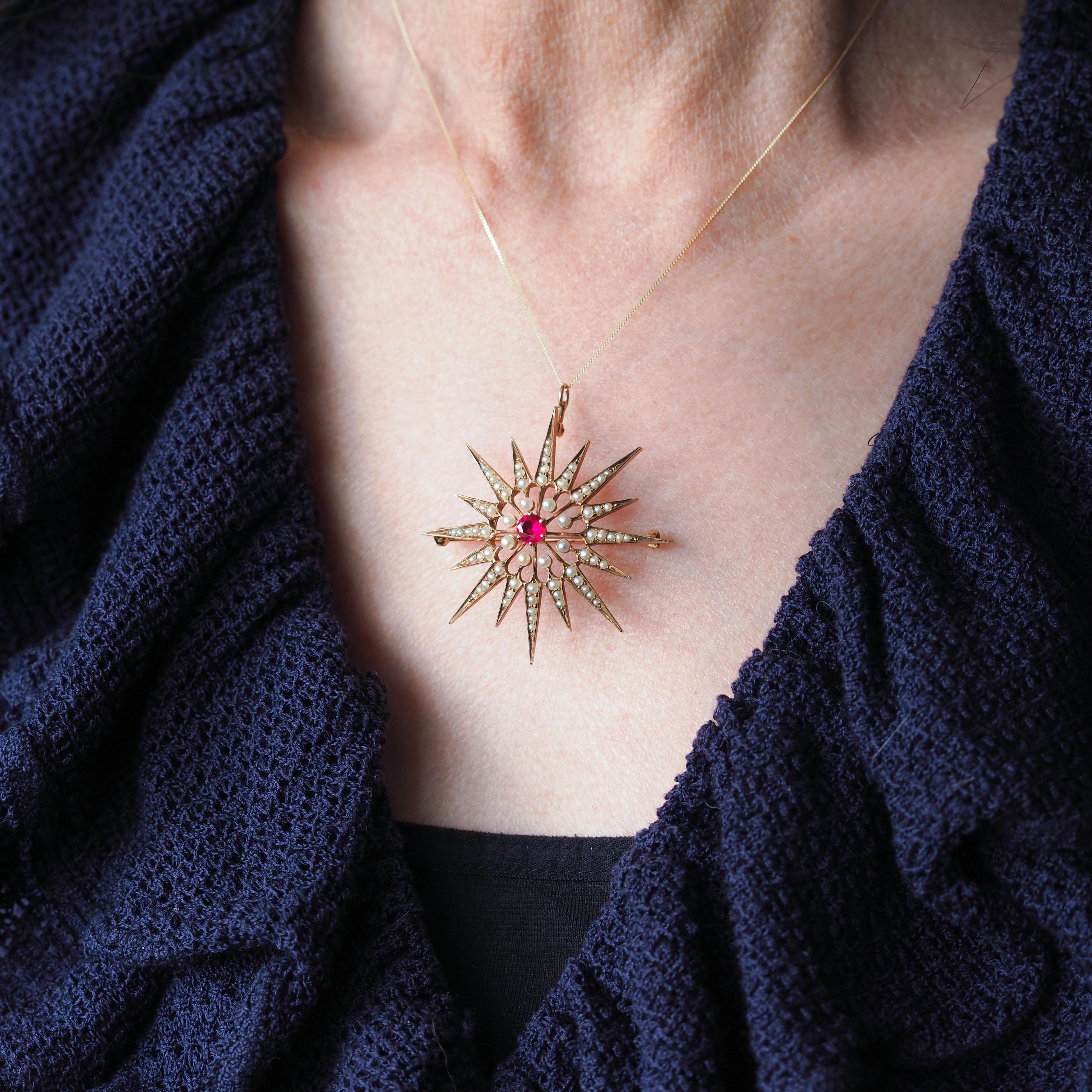 Antique Victorian Ruby & Pearl Star Pendant Necklace Brooch 14K Gold - c.1890 For Sale 13