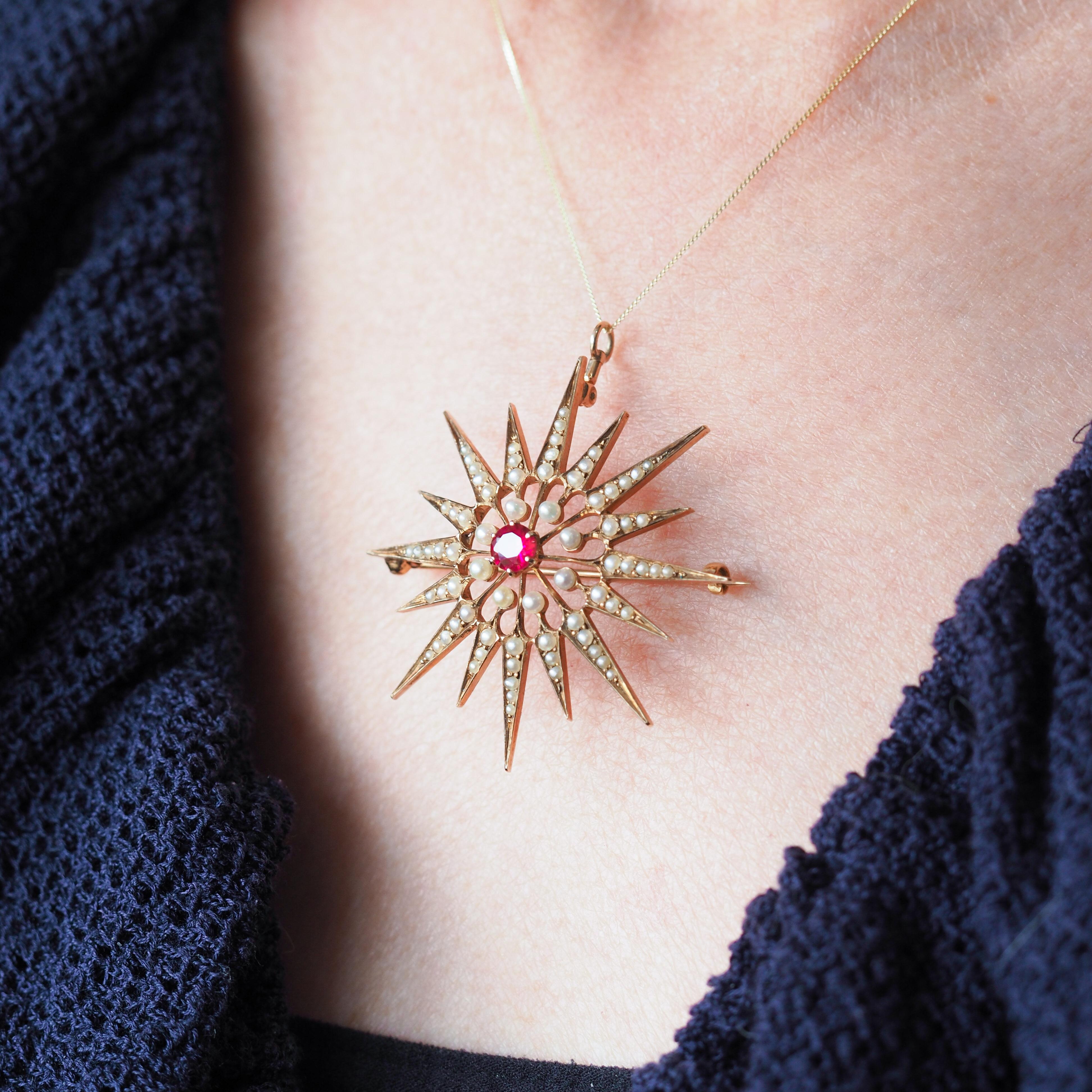 Antique Victorian Ruby & Pearl Star Pendant Necklace Brooch 14K Gold - c.1890 For Sale 14