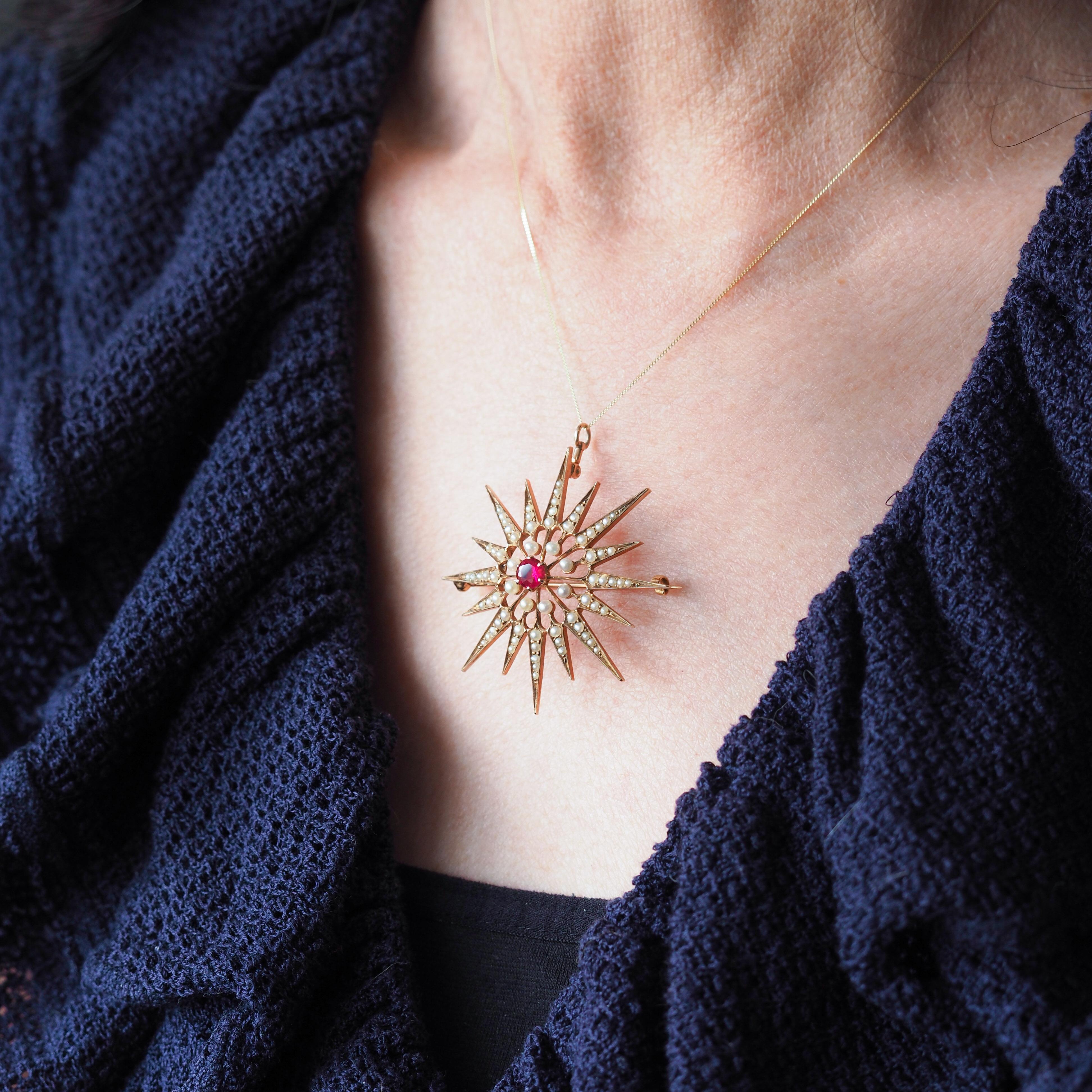 Antique Victorian Ruby & Pearl Star Pendant Necklace Brooch 14K Gold - c.1890 For Sale 15