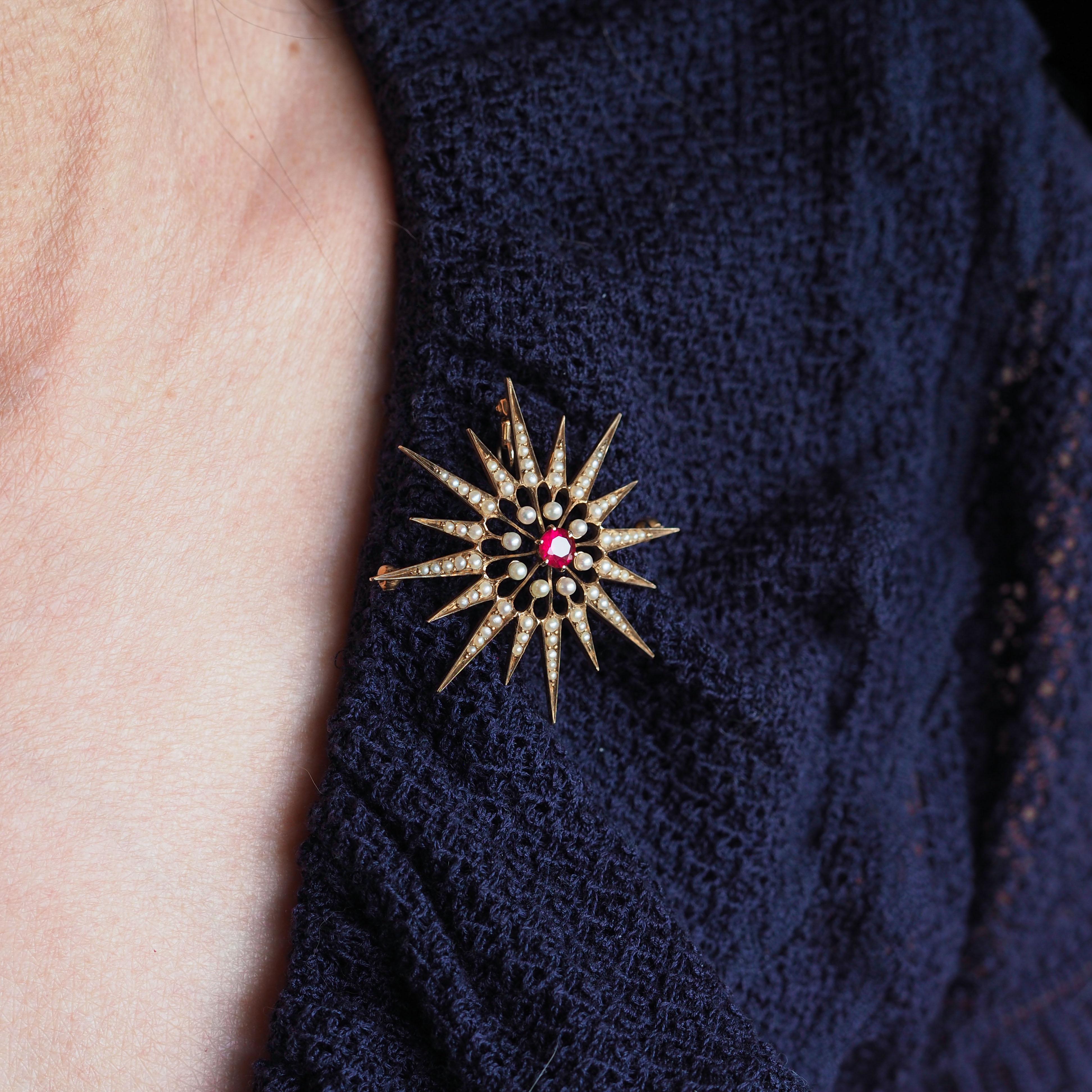 Round Cut Antique Victorian Ruby & Pearl Star Pendant Necklace Brooch 14K Gold - c.1890 For Sale