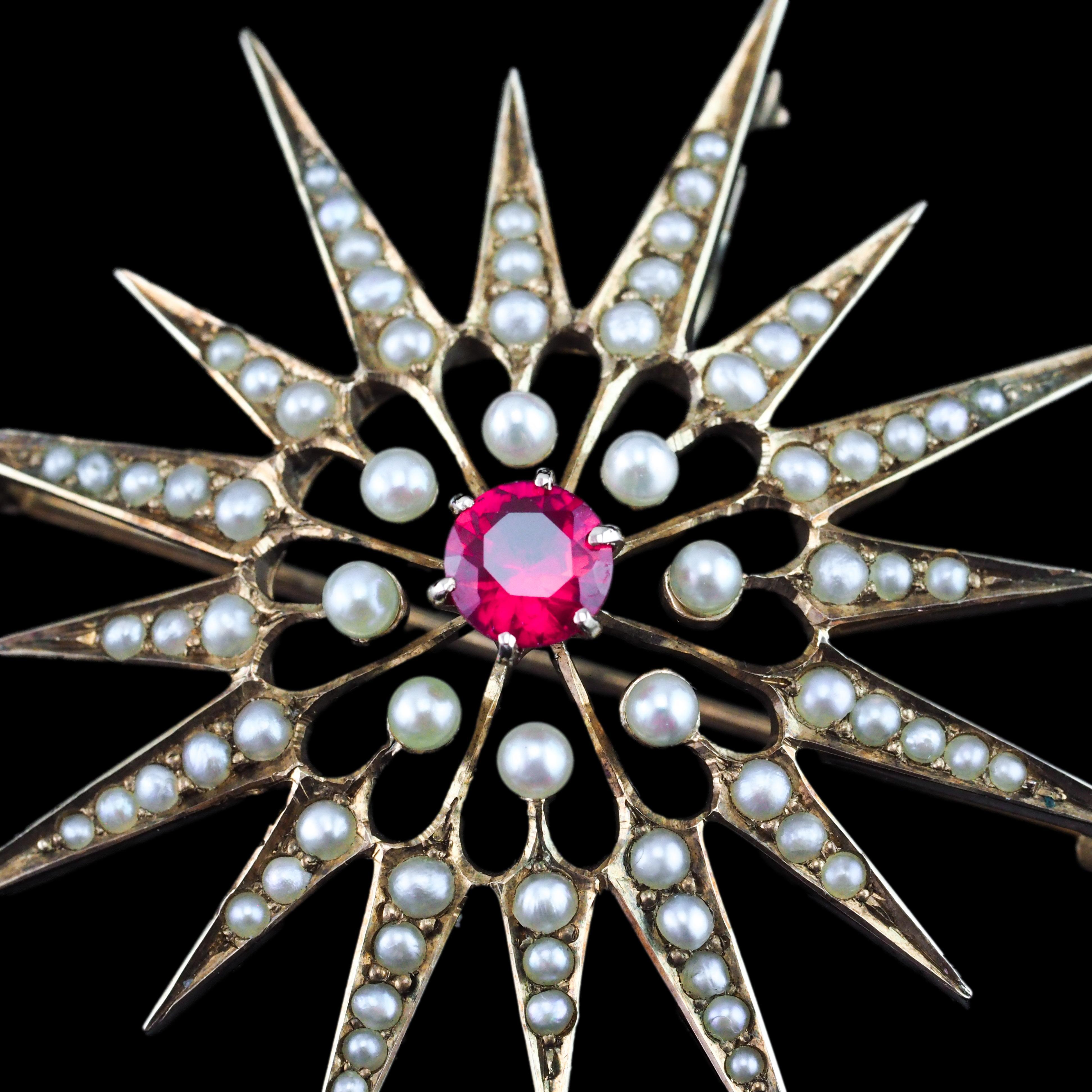 Antique Victorian Ruby & Pearl Star Pendant Necklace Brooch 14K Gold - c.1890 In Good Condition For Sale In London, GB