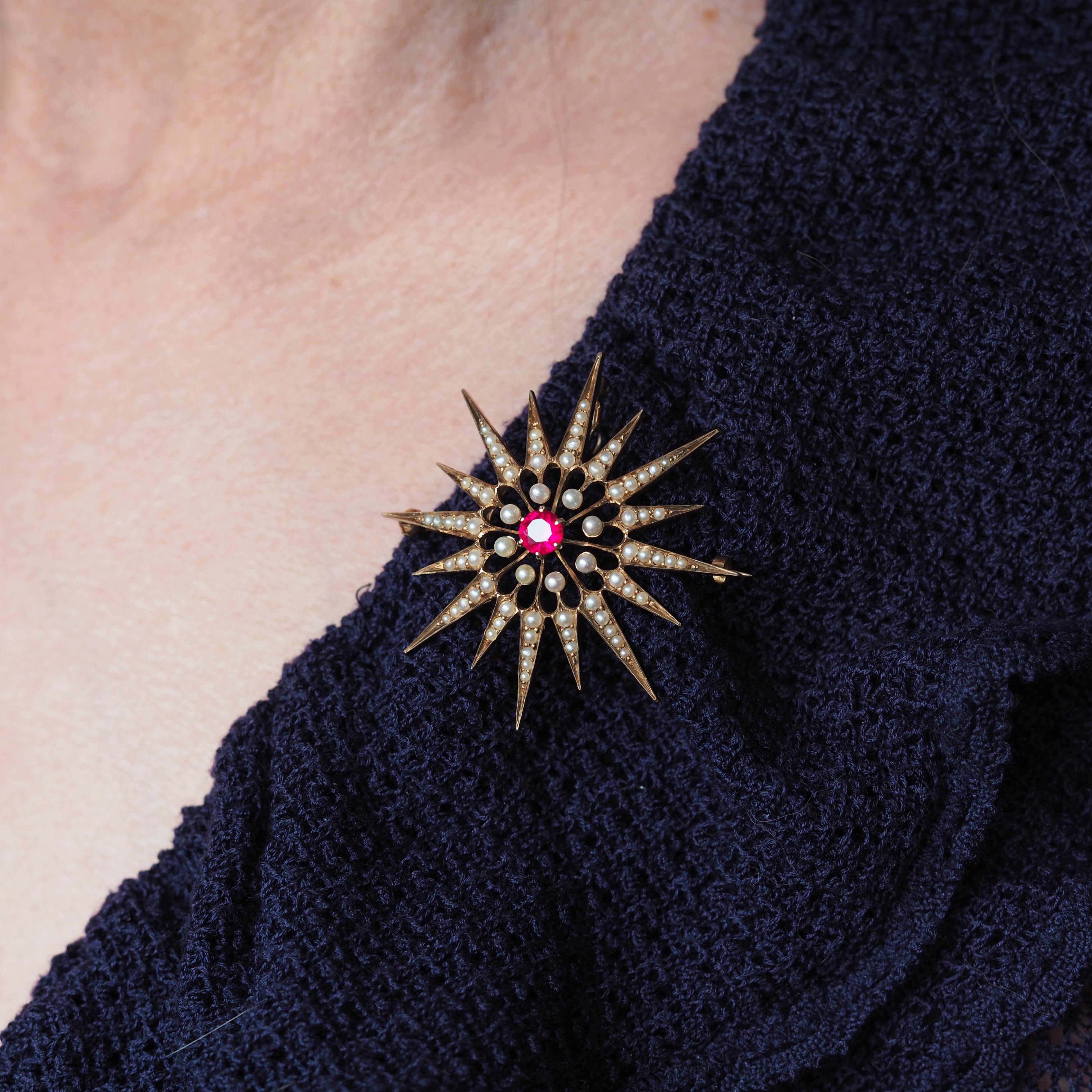 Women's Antique Victorian Ruby & Pearl Star Pendant Necklace Brooch 14K Gold - c.1890 For Sale