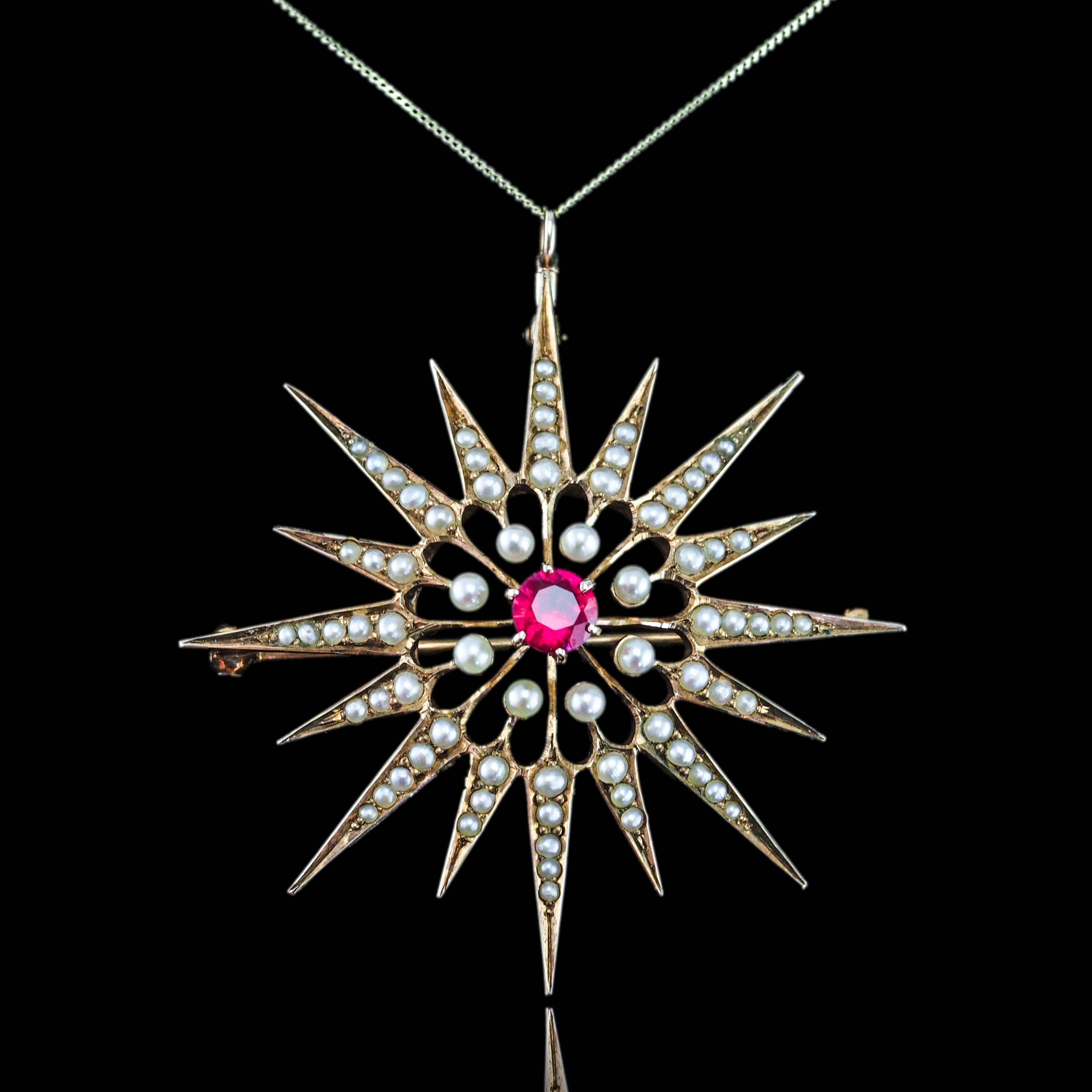 Antique Victorian Ruby & Pearl Star Pendant Necklace Brooch 14K Gold - c.1890 For Sale 1