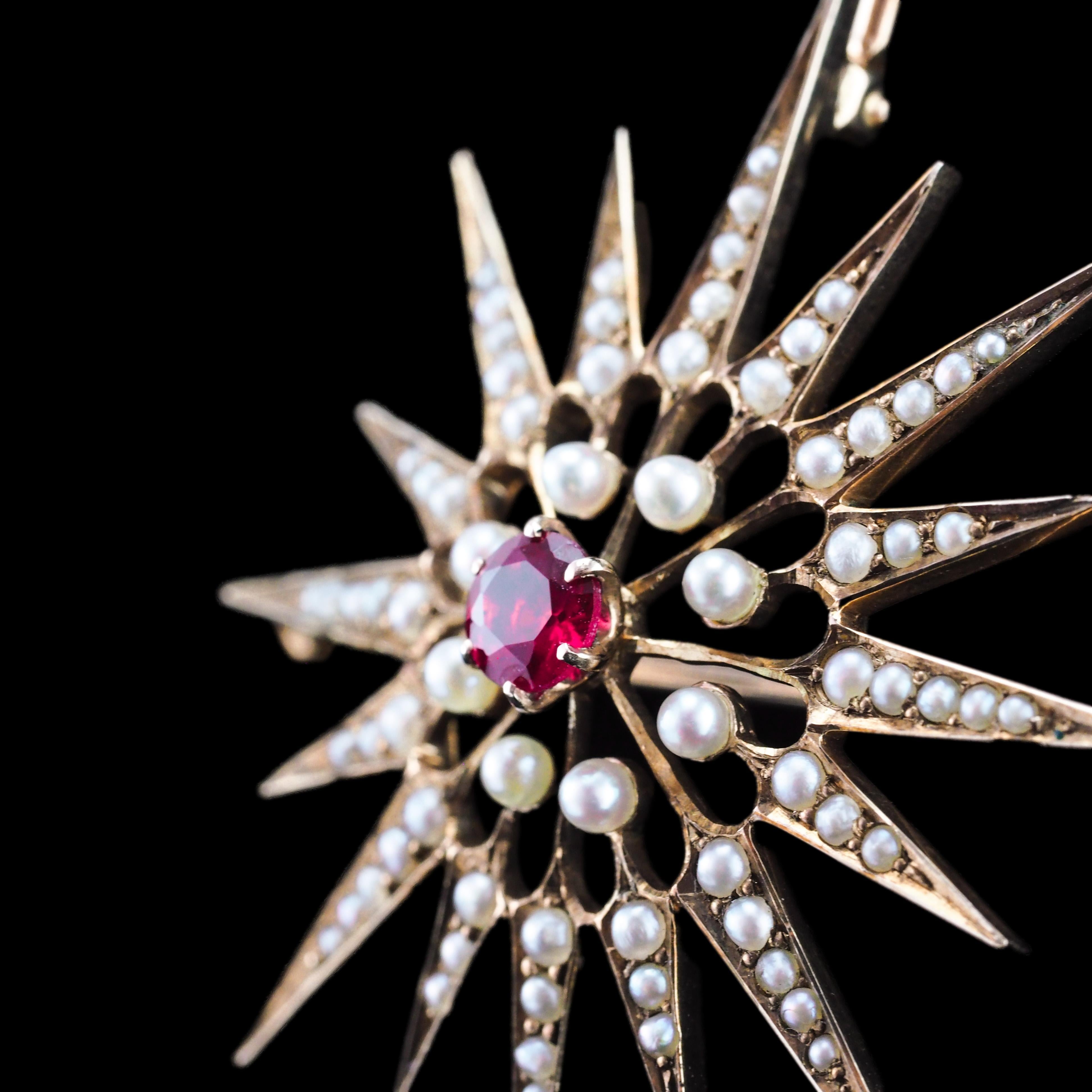 Antique Victorian Ruby & Pearl Star Pendant Necklace Brooch 14K Gold - c.1890 For Sale 2