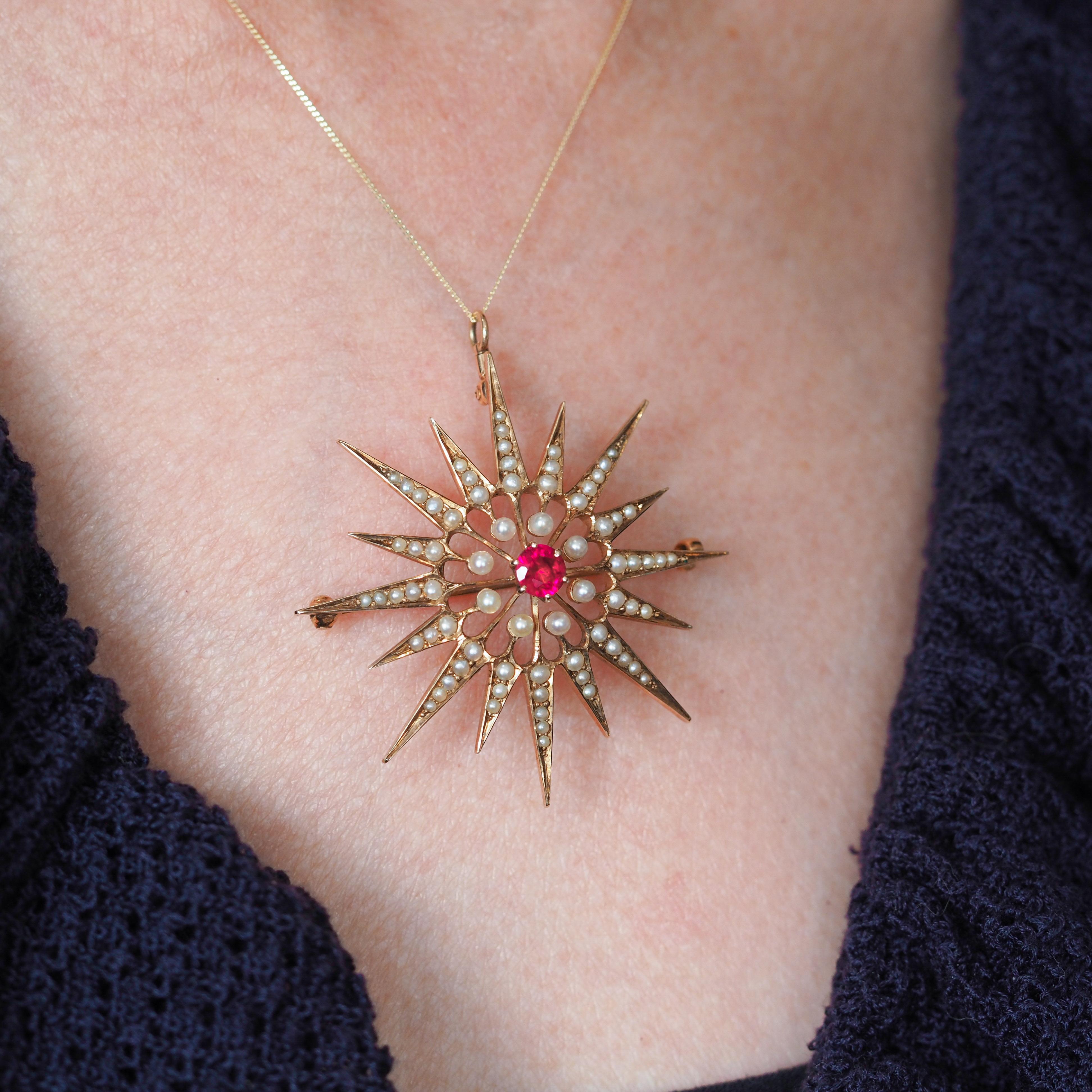 Antique Victorian Ruby & Pearl Star Pendant Necklace Brooch 14K Gold - c.1890 For Sale 3