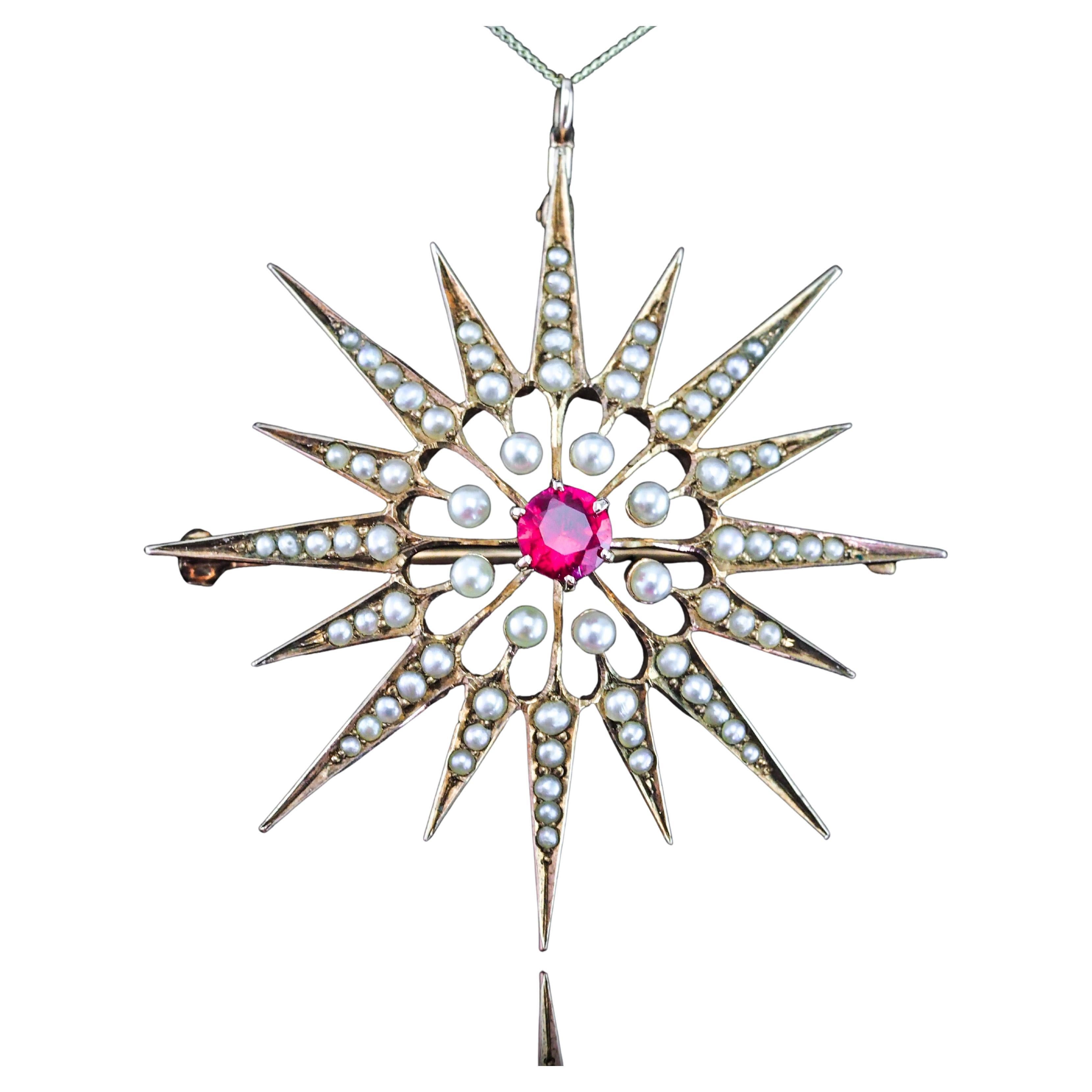 Antique Victorian Ruby & Pearl Star Pendant Necklace Brooch 14K Gold - c.1890 For Sale