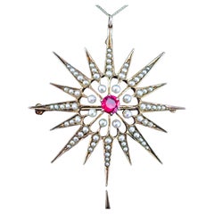 Antique Victorian Ruby & Pearl Star Pendant Necklace Brooch 14K Gold - c.1890
