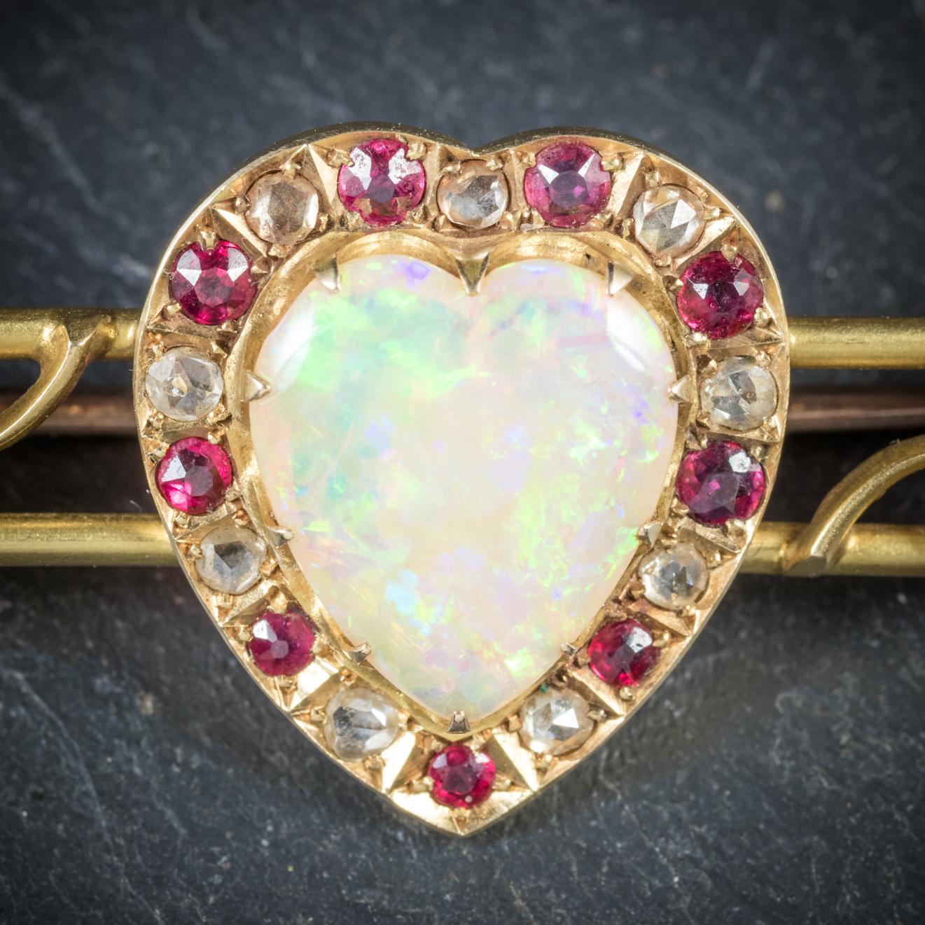Antique Victorian Ruby Sapphire Opal Heart 18 Carat Gold Brooch In Excellent Condition In Lancaster , GB