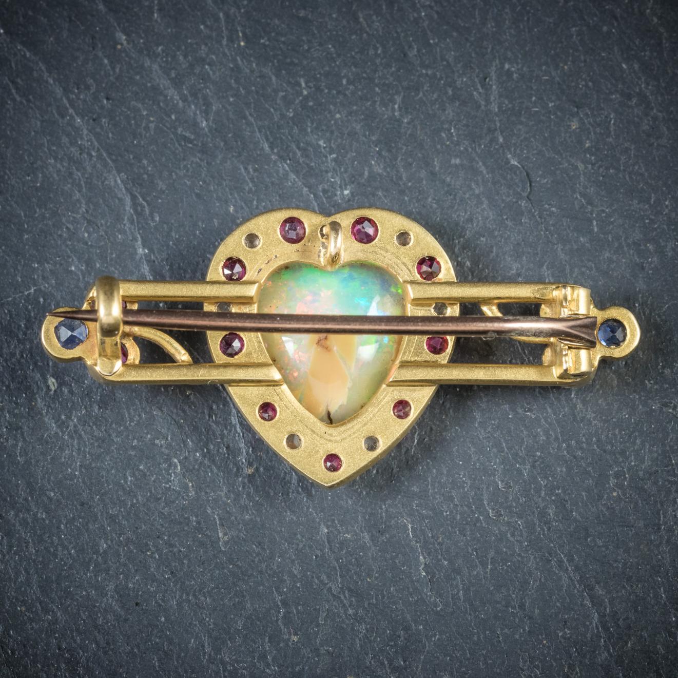 Women's Antique Victorian Ruby Sapphire Opal Heart 18 Carat Gold Brooch