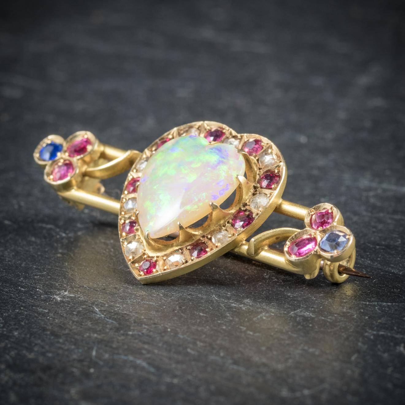 Antique Victorian Ruby Sapphire Opal Heart 18 Carat Gold Brooch 1