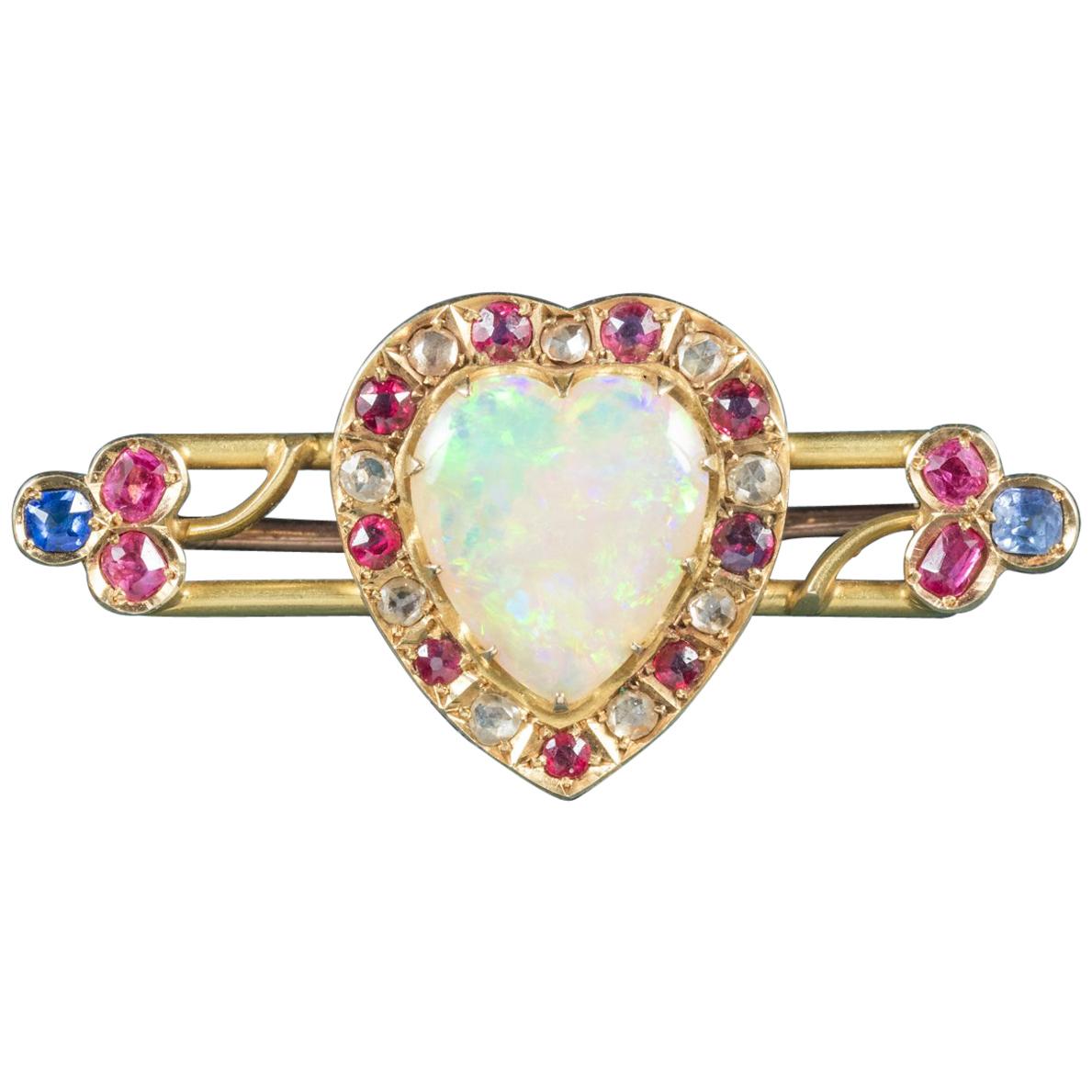 Antique Victorian Ruby Sapphire Opal Heart 18 Carat Gold Brooch