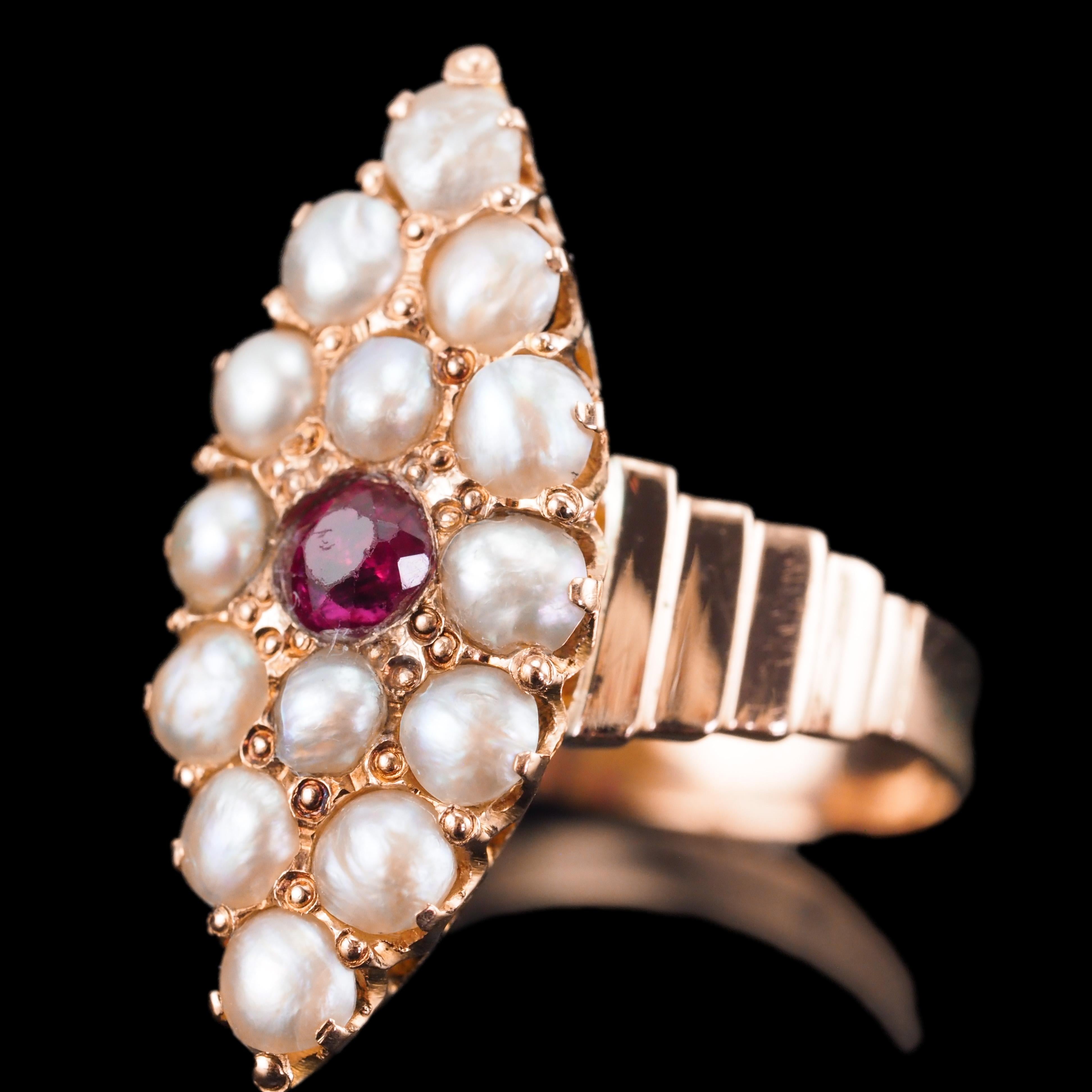 Antique Victorian Ruby & Seed Pearl Navette Ring 14K Rose Gold - c.1900 For Sale 6