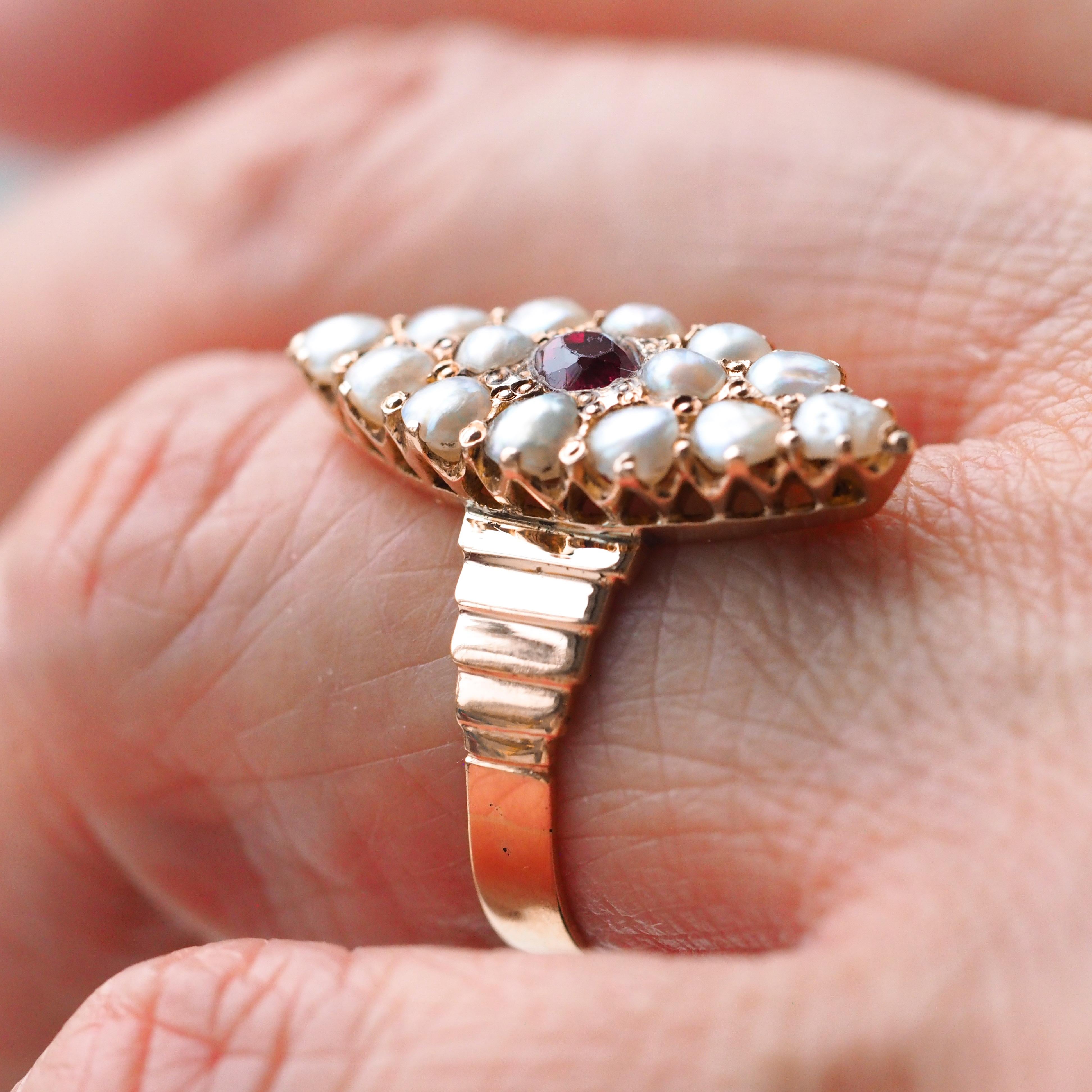 Antique Victorian Ruby & Seed Pearl Navette Ring 14K Rose Gold - c.1900 For Sale 9