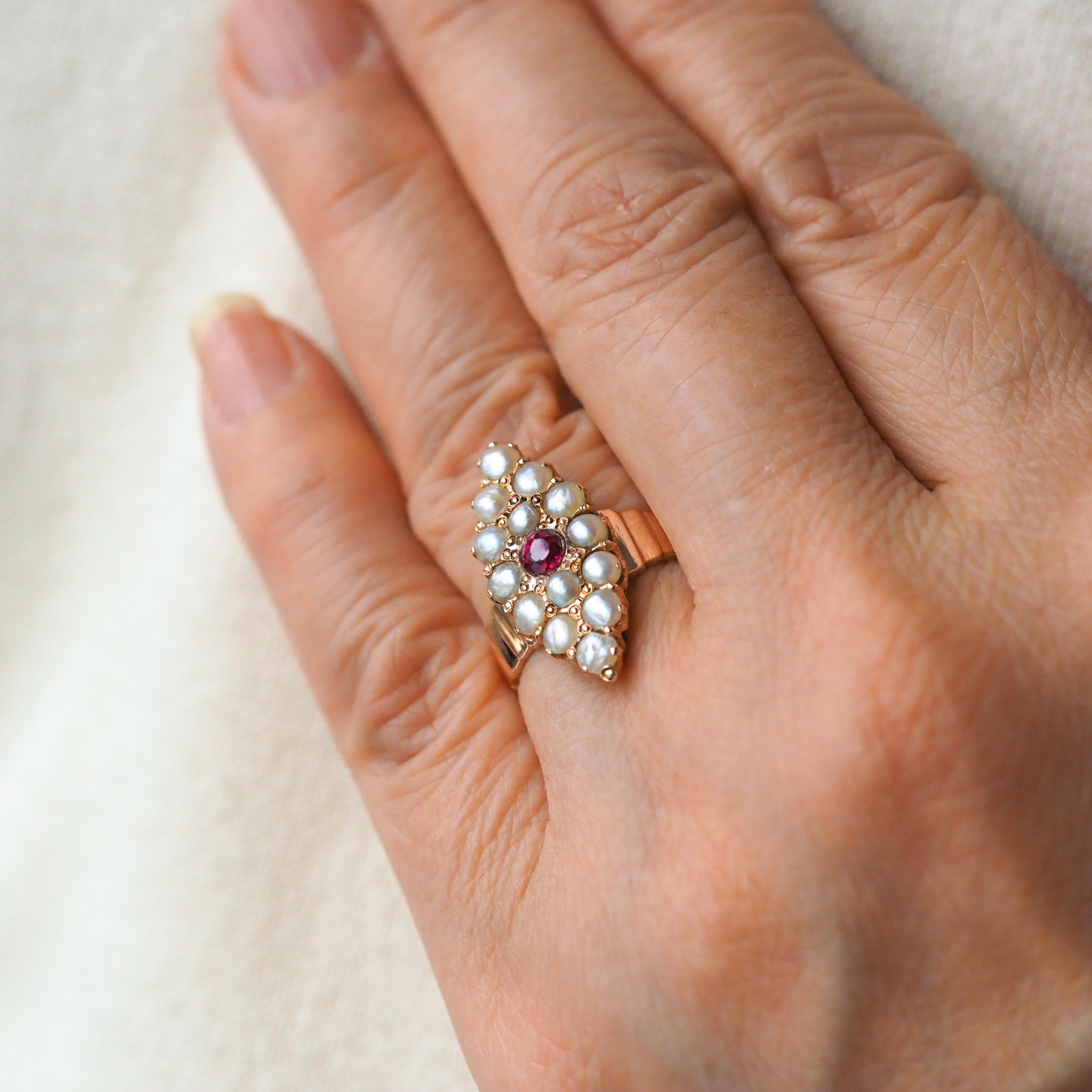 Antique Victorian Ruby & Seed Pearl Navette Ring 14K Rose Gold - c.1900 For Sale 10