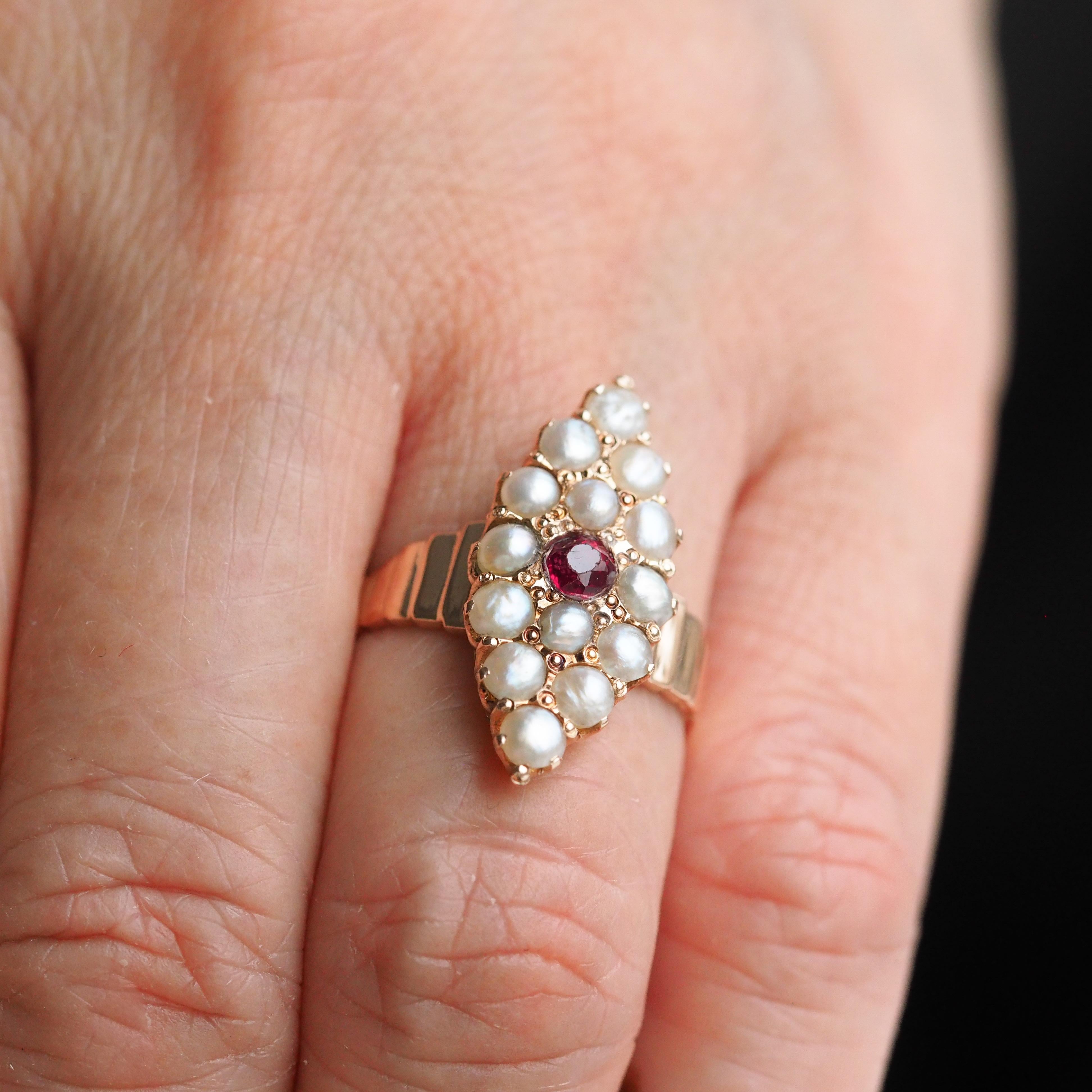 Antique Victorian Ruby & Seed Pearl Navette Ring 14K Rose Gold - c.1900 For Sale 12