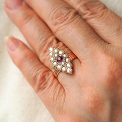 Antique Victorian Ruby & Seed Pearl Navette Ring 14K Rose Gold - c.1900