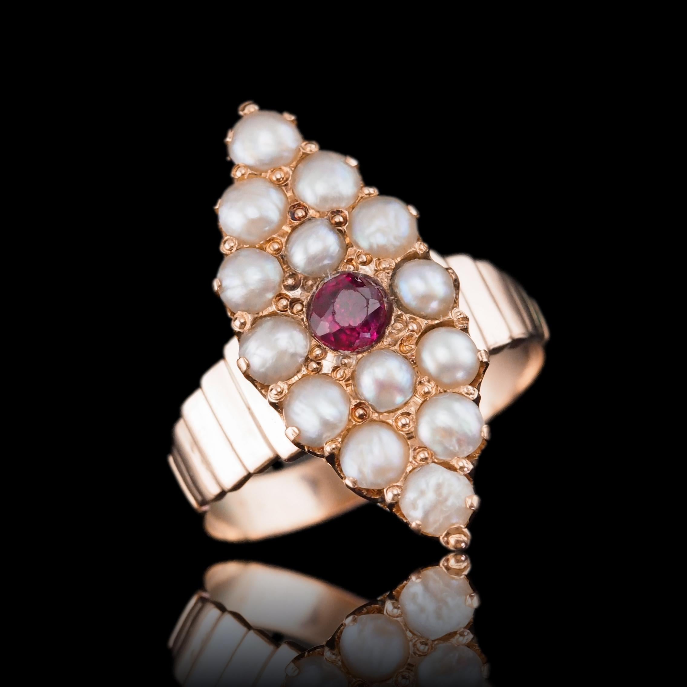 Old European Cut Antique Victorian Ruby & Seed Pearl Navette Ring 14K Rose Gold - c.1900 For Sale