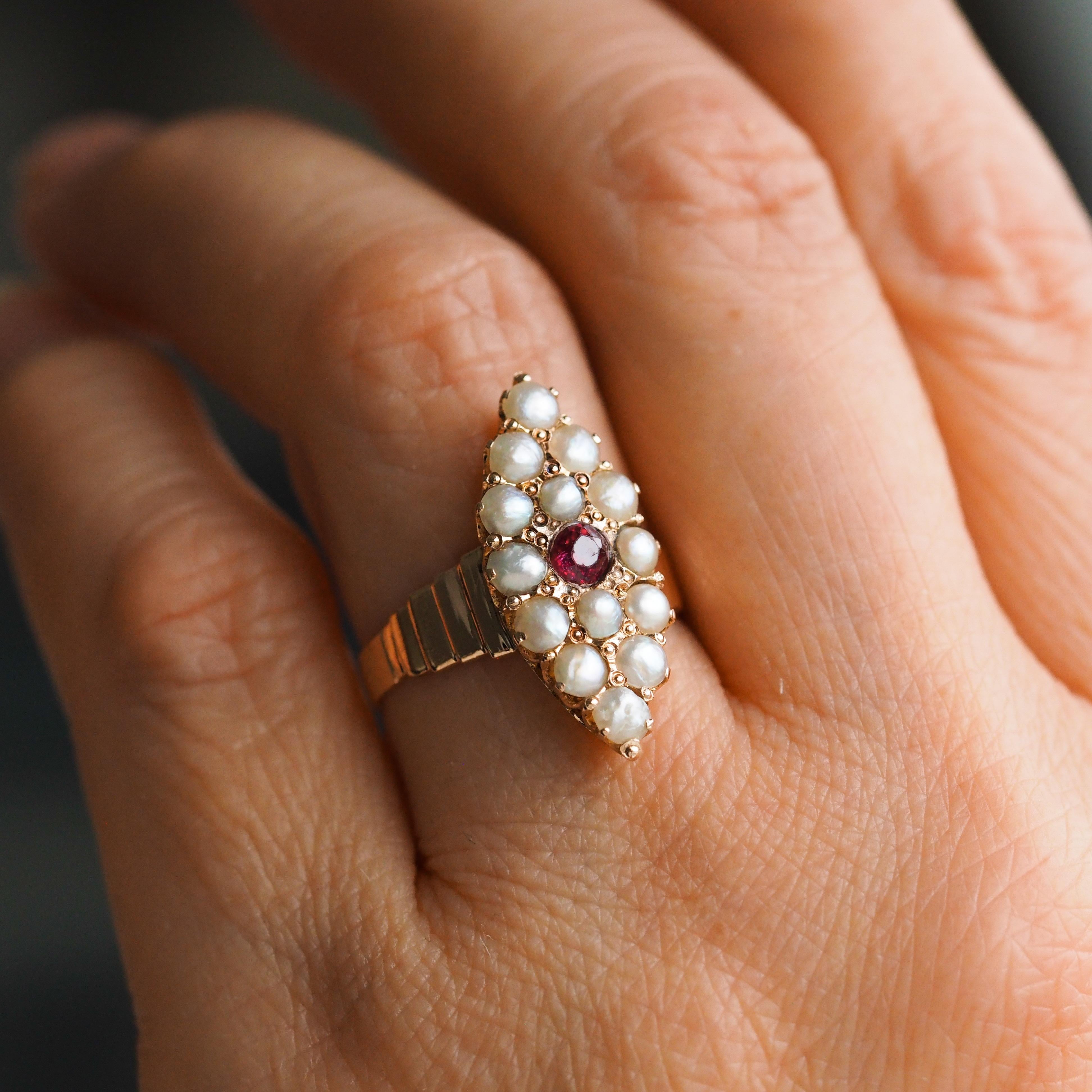 Antique Victorian Ruby & Seed Pearl Navette Ring 14K Rose Gold - c.1900 In Good Condition For Sale In London, GB