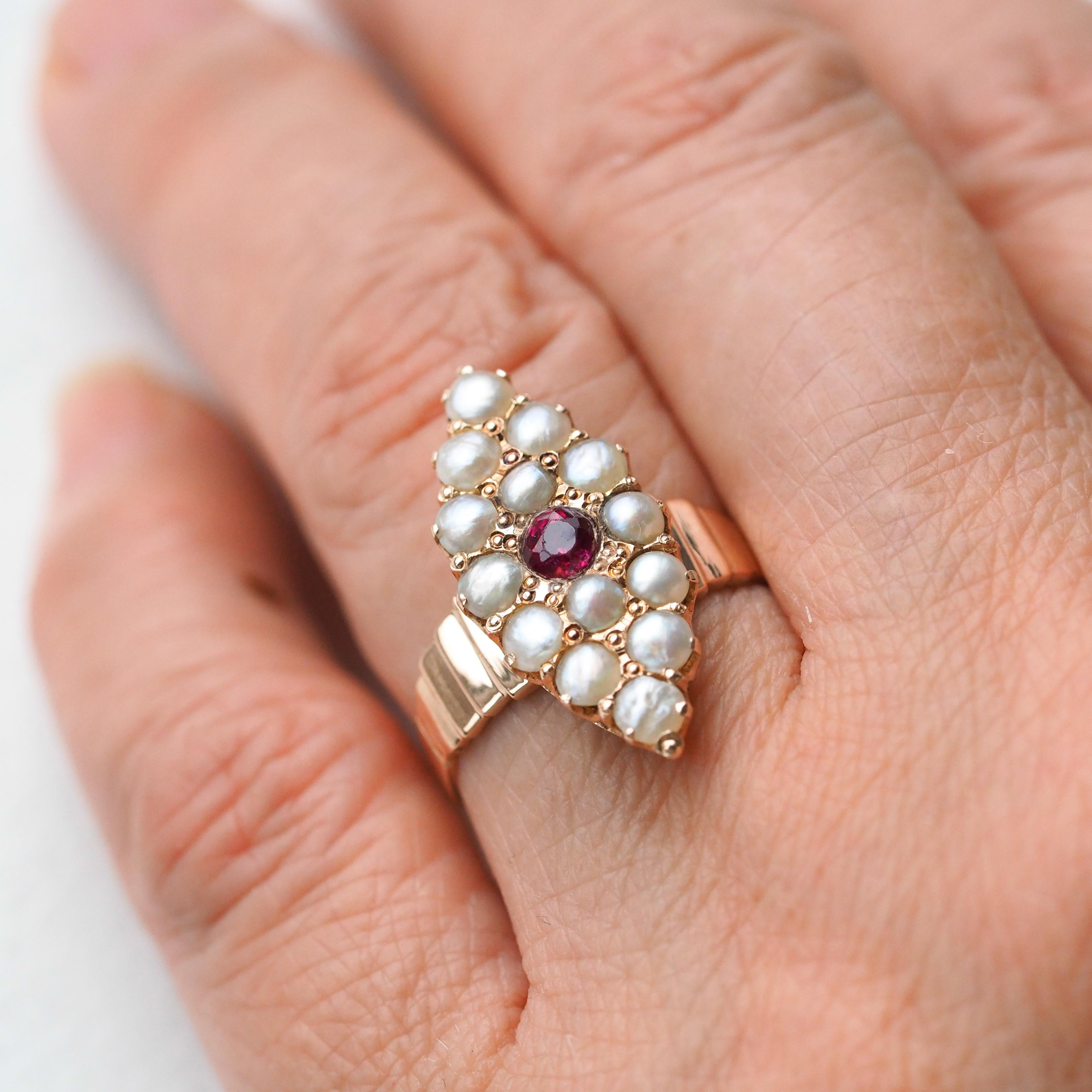 Women's or Men's Antique Victorian Ruby & Seed Pearl Navette Ring 14K Rose Gold - c.1900 For Sale