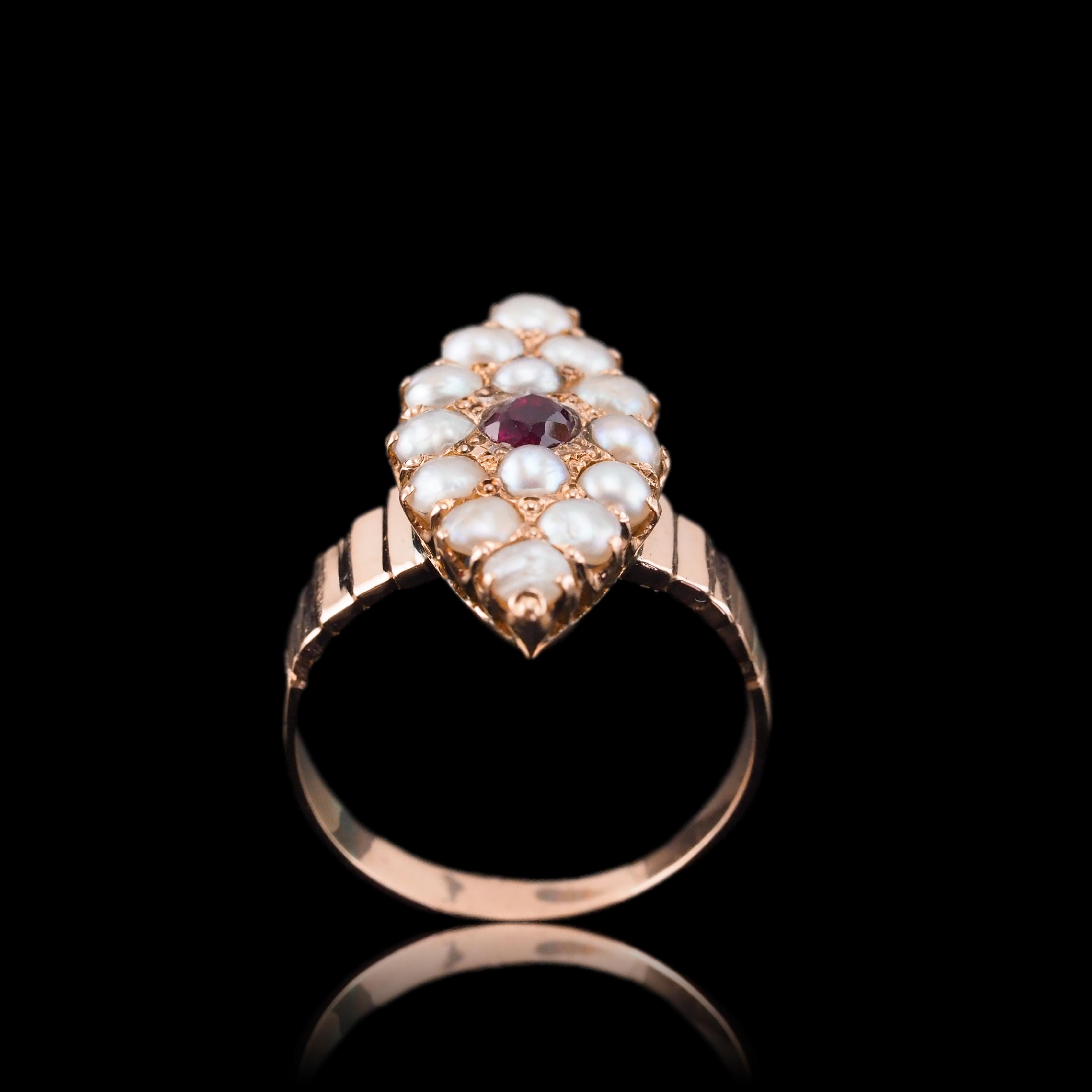 Antique Victorian Ruby & Seed Pearl Navette Ring 14K Rose Gold - c.1900 For Sale 1