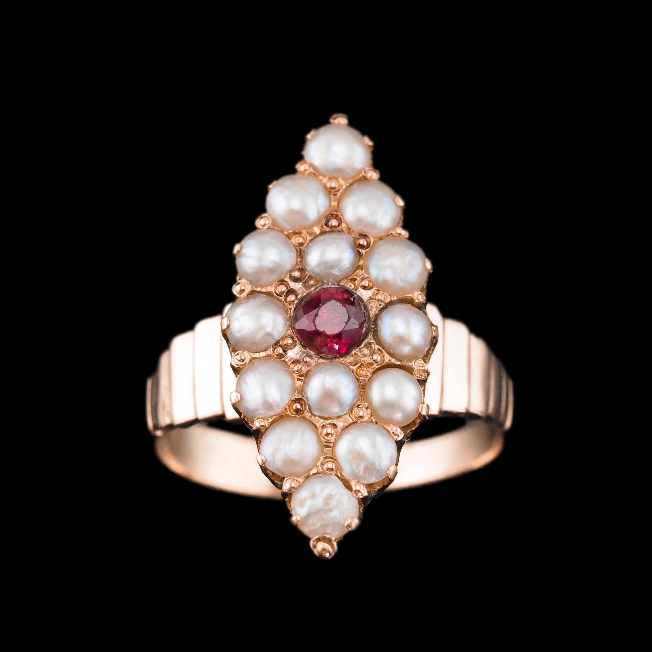 Antique Victorian Ruby & Seed Pearl Navette Ring 14K Rose Gold - c.1900 For Sale 3