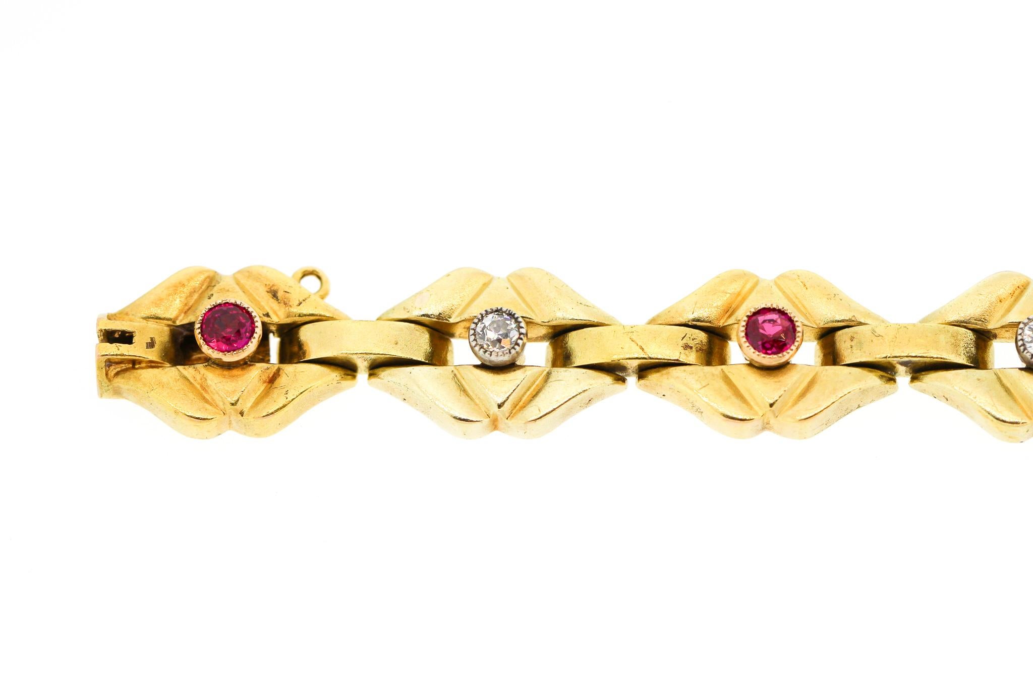 Women's or Men's Antique Victorian Russian 14 Karat Gold Ruby Diamond Flat Link Bracelet