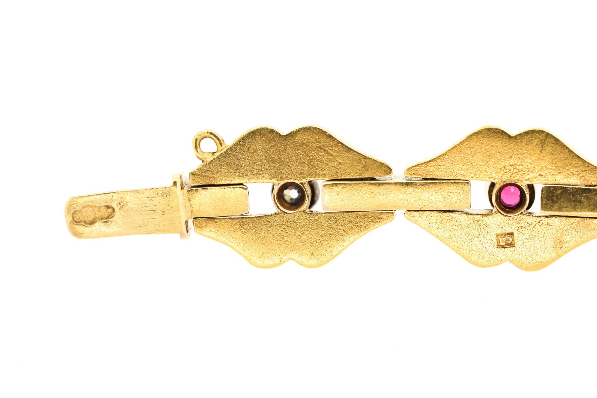 Antique Victorian Russian 14 Karat Gold Ruby Diamond Flat Link Bracelet 2