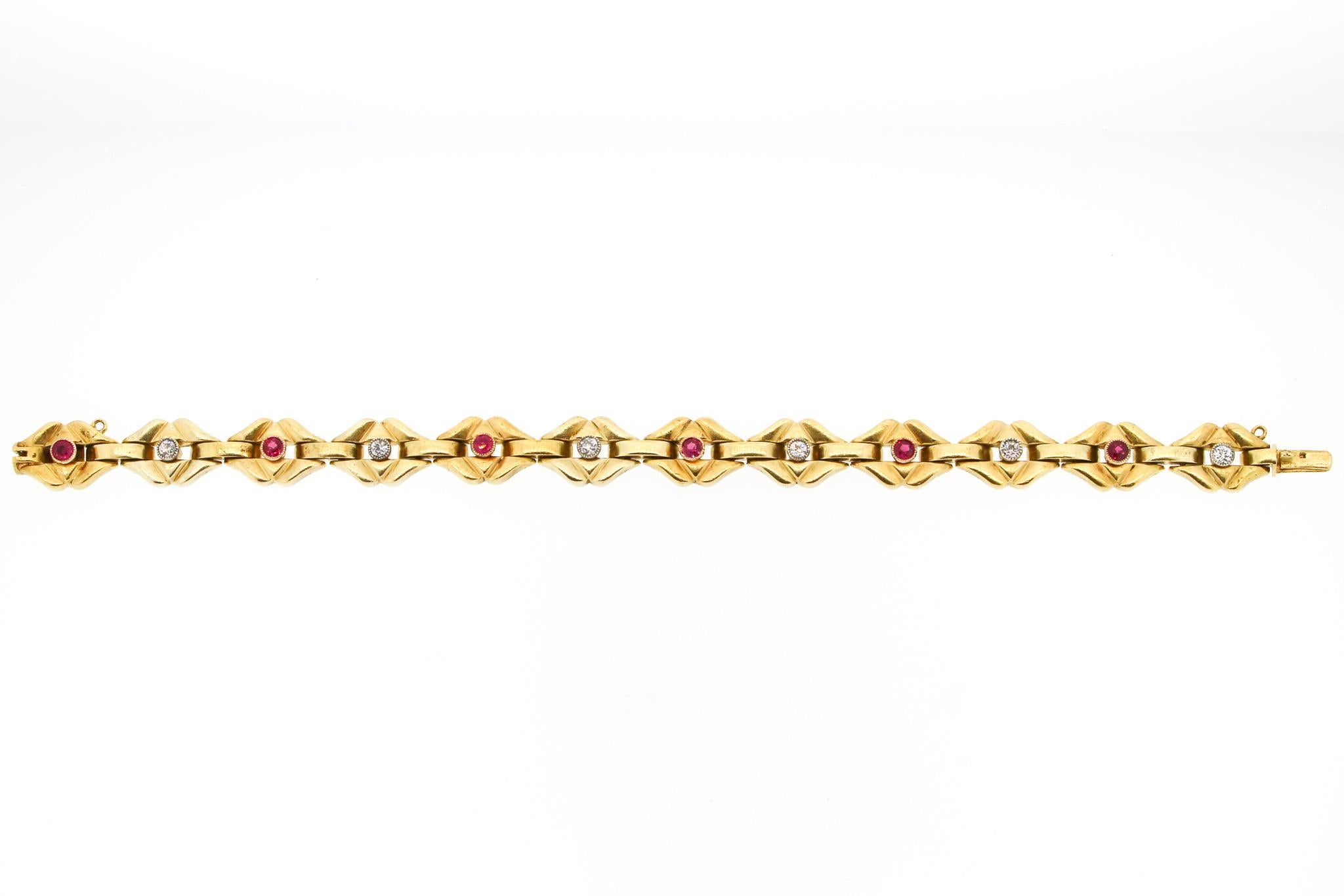Antique Victorian Russian 14 Karat Gold Ruby Diamond Flat Link Bracelet 3