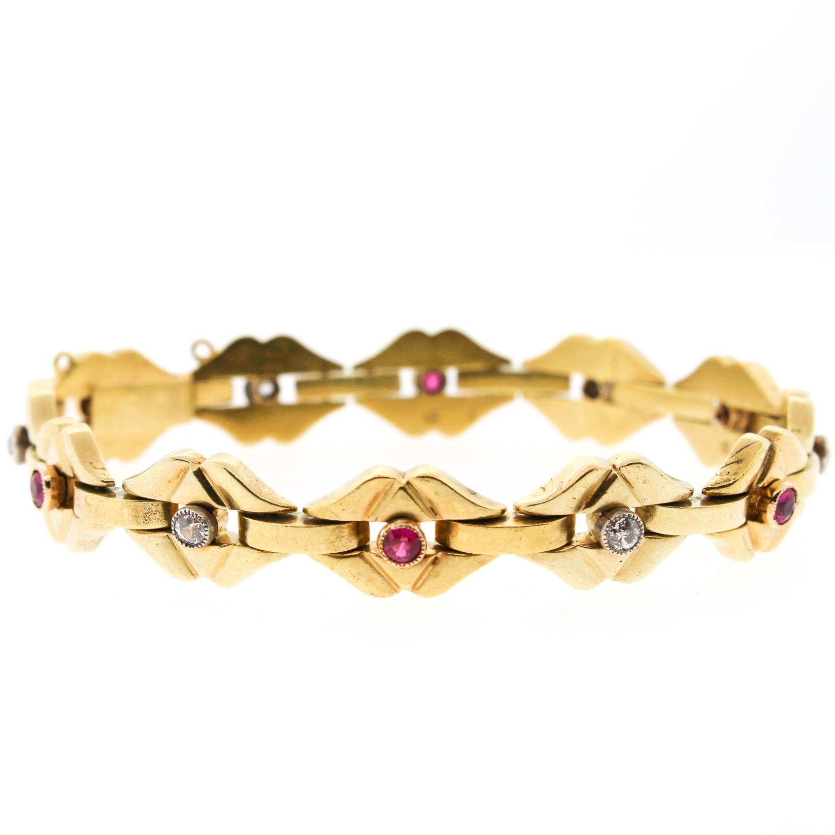 Antique Victorian Russian 14 Karat Gold Ruby Diamond Flat Link Bracelet