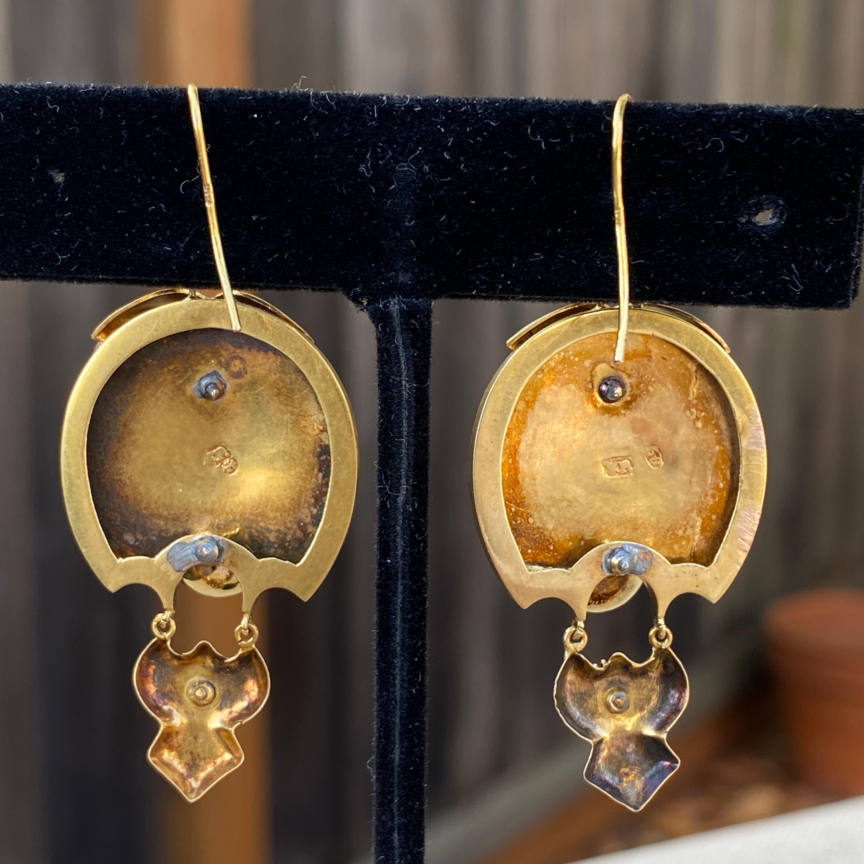 Antique Victorian 14k Gold Enamel Repousse Earrings For Sale 4