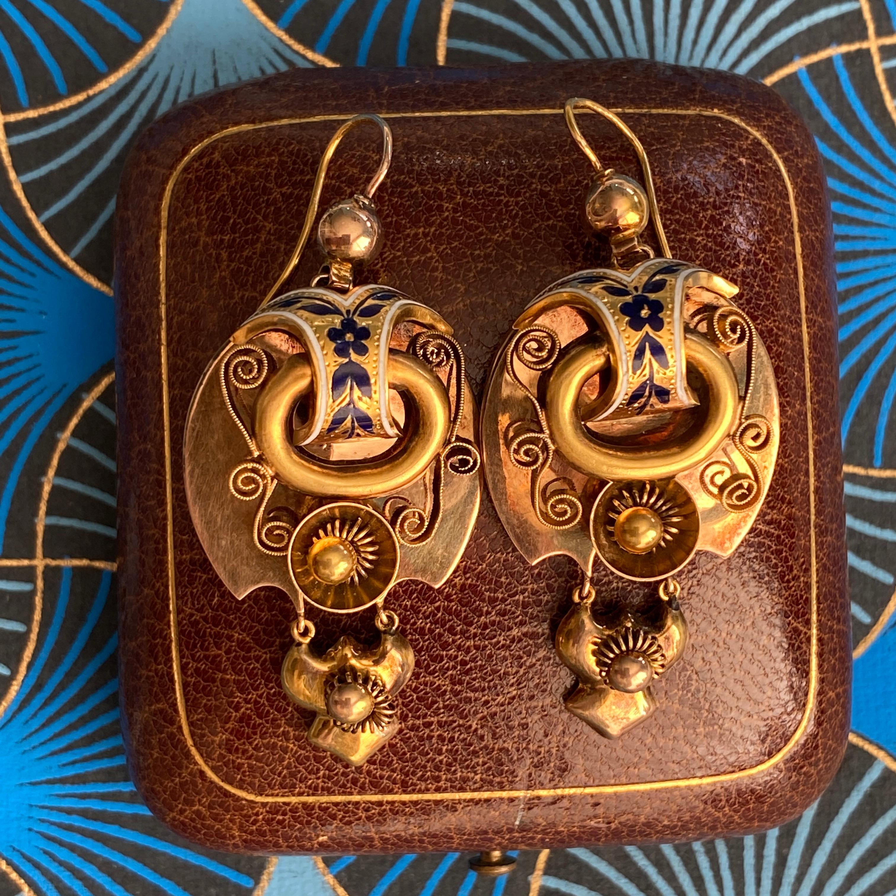 Antique Victorian 14k Gold Enamel Repousse Earrings For Sale 5
