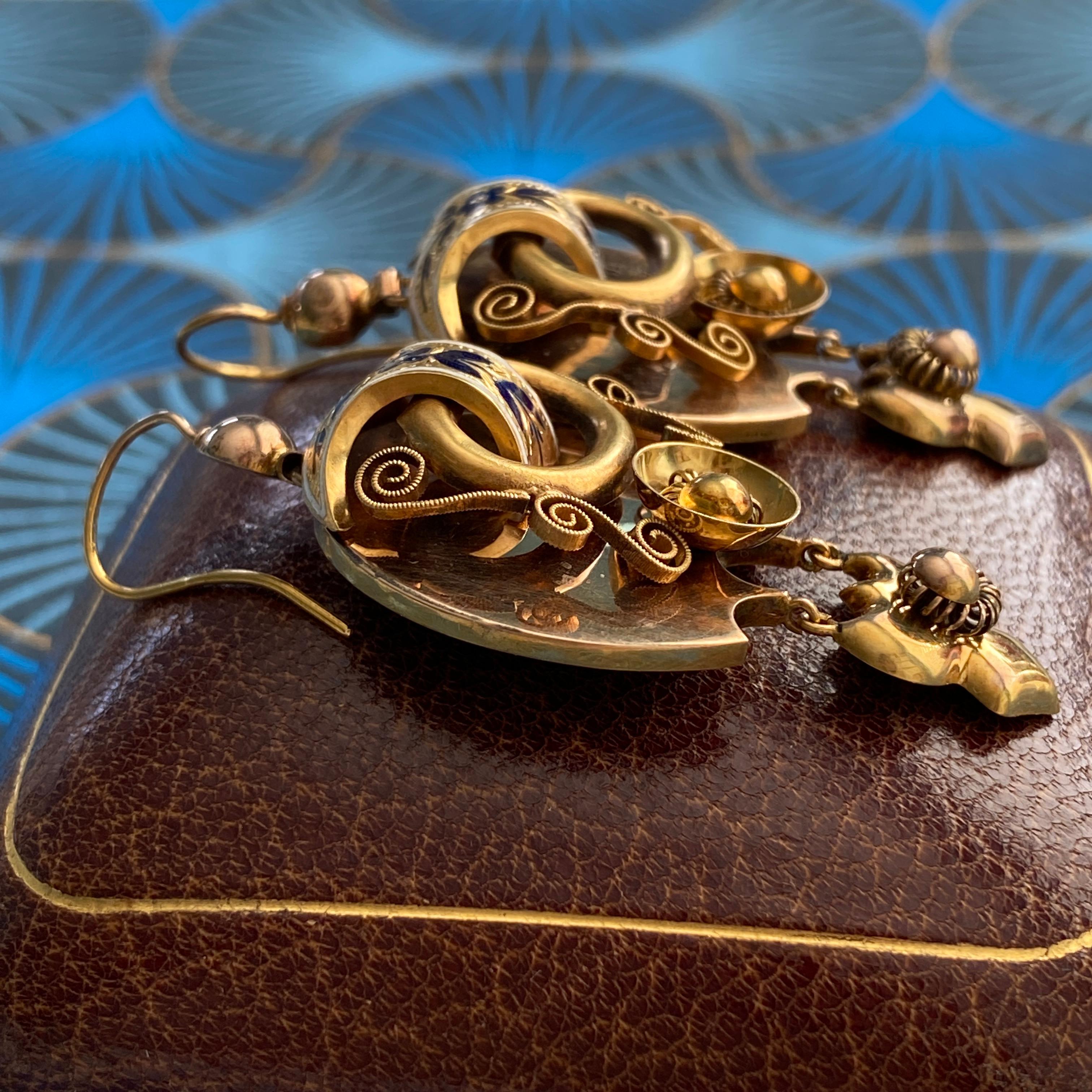 Antique Victorian 14k Gold Enamel Repousse Earrings For Sale 6