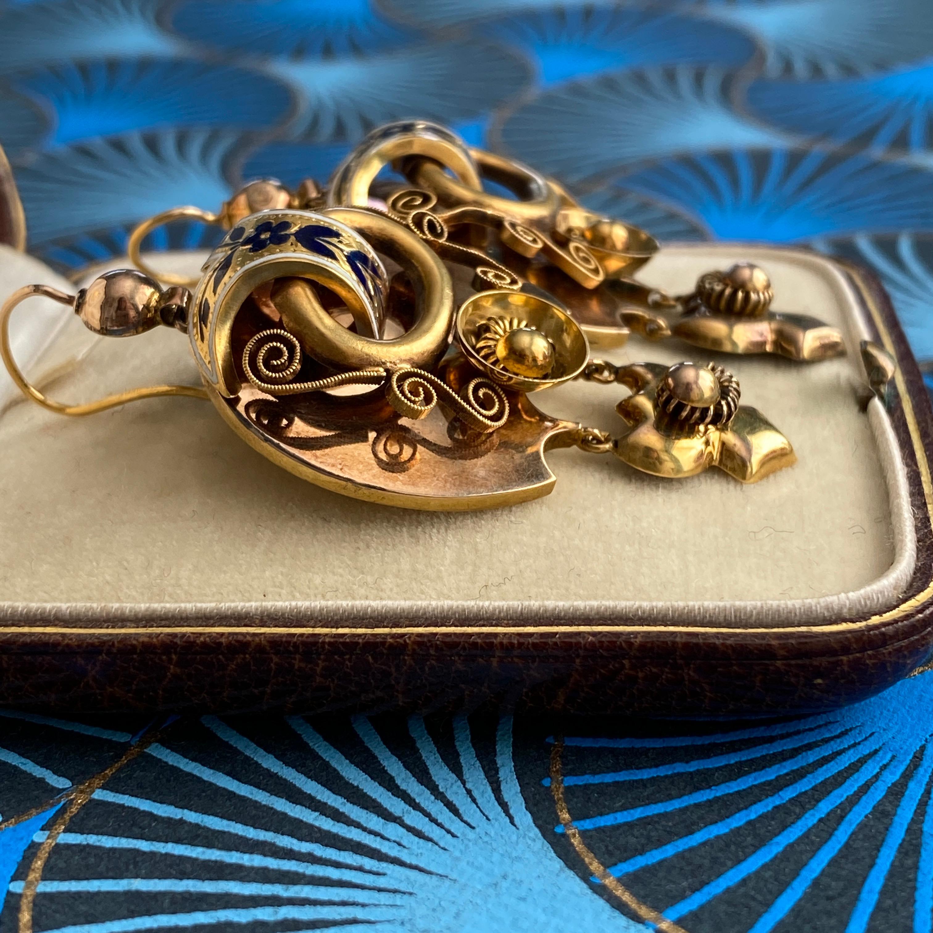 Women's Antique Victorian 14k Gold Enamel Repousse Earrings For Sale