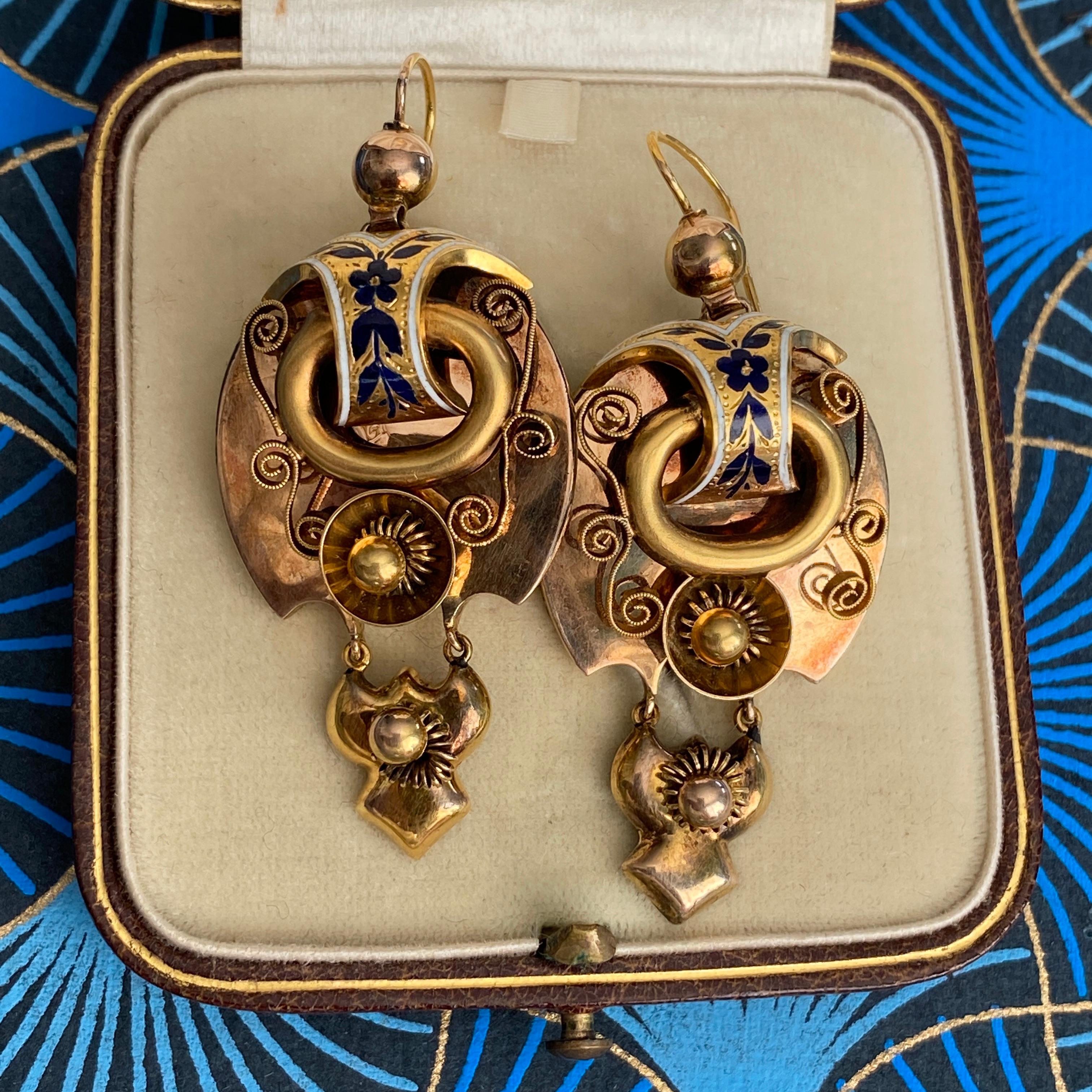 Antique Victorian 14k Gold Enamel Repousse Earrings For Sale 1