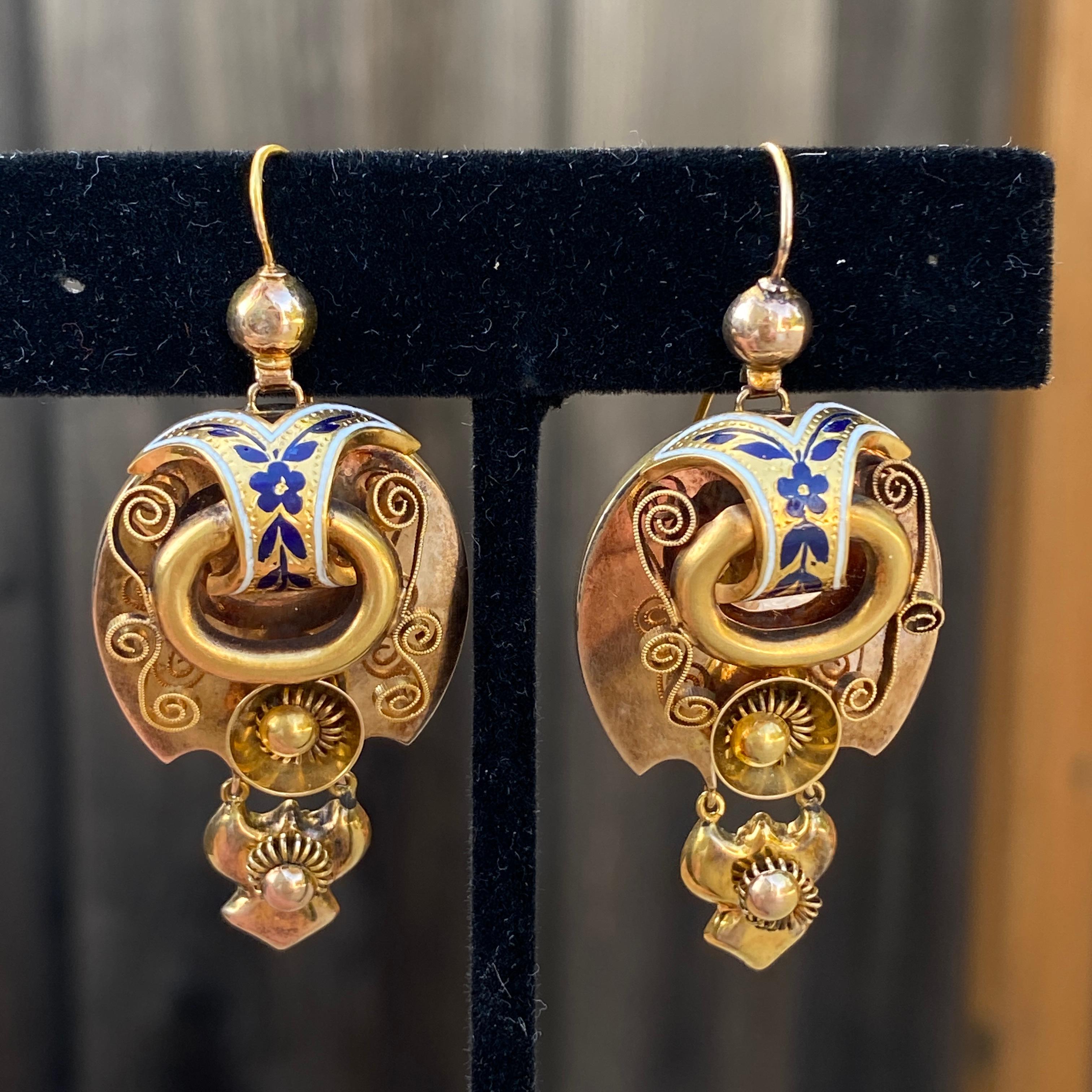 Antique Victorian 14k Gold Enamel Repousse Earrings For Sale 2