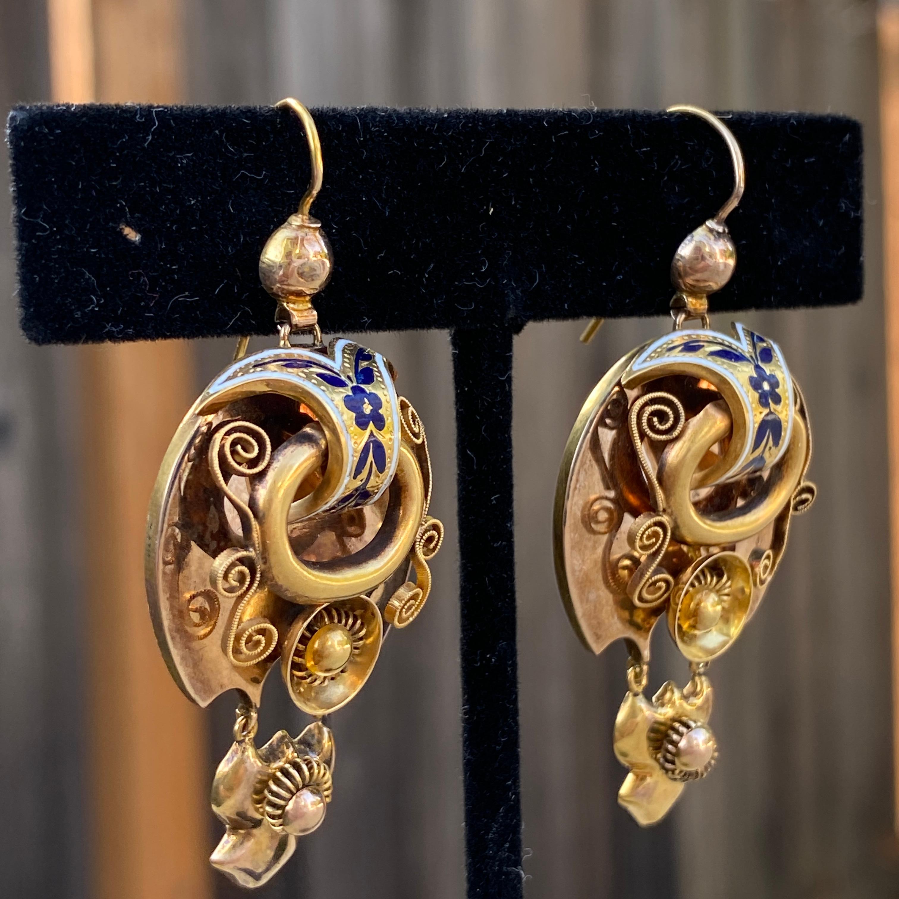 Antique Victorian 14k Gold Enamel Repousse Earrings For Sale 3