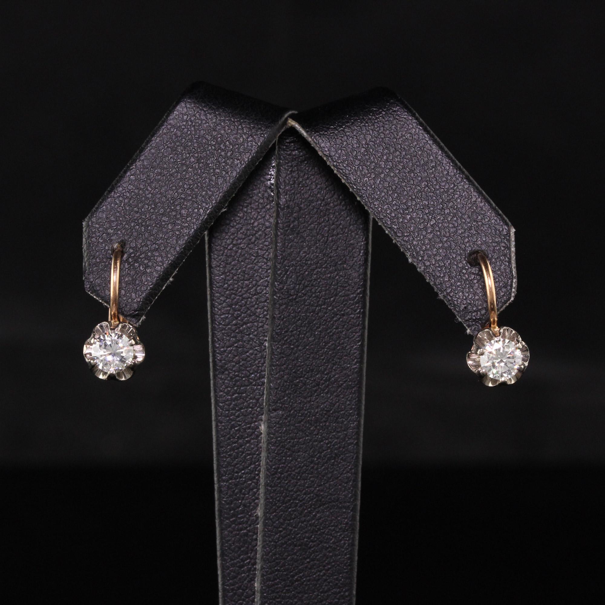 Round Cut Antique Victorian Russian 14 Karat Rose Gold Diamond Drop Earrings