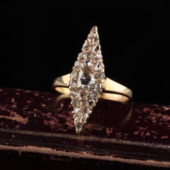 Antique Victorian Russian 14K Yellow Gold Rose Cut Diamond Navette Ring