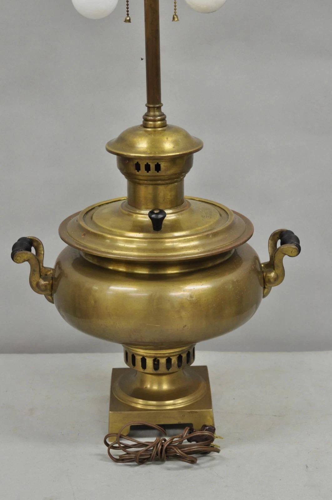 Antique Victorian Russian Brass Samovar Converted Twin Handle Table Lamp For Sale 6